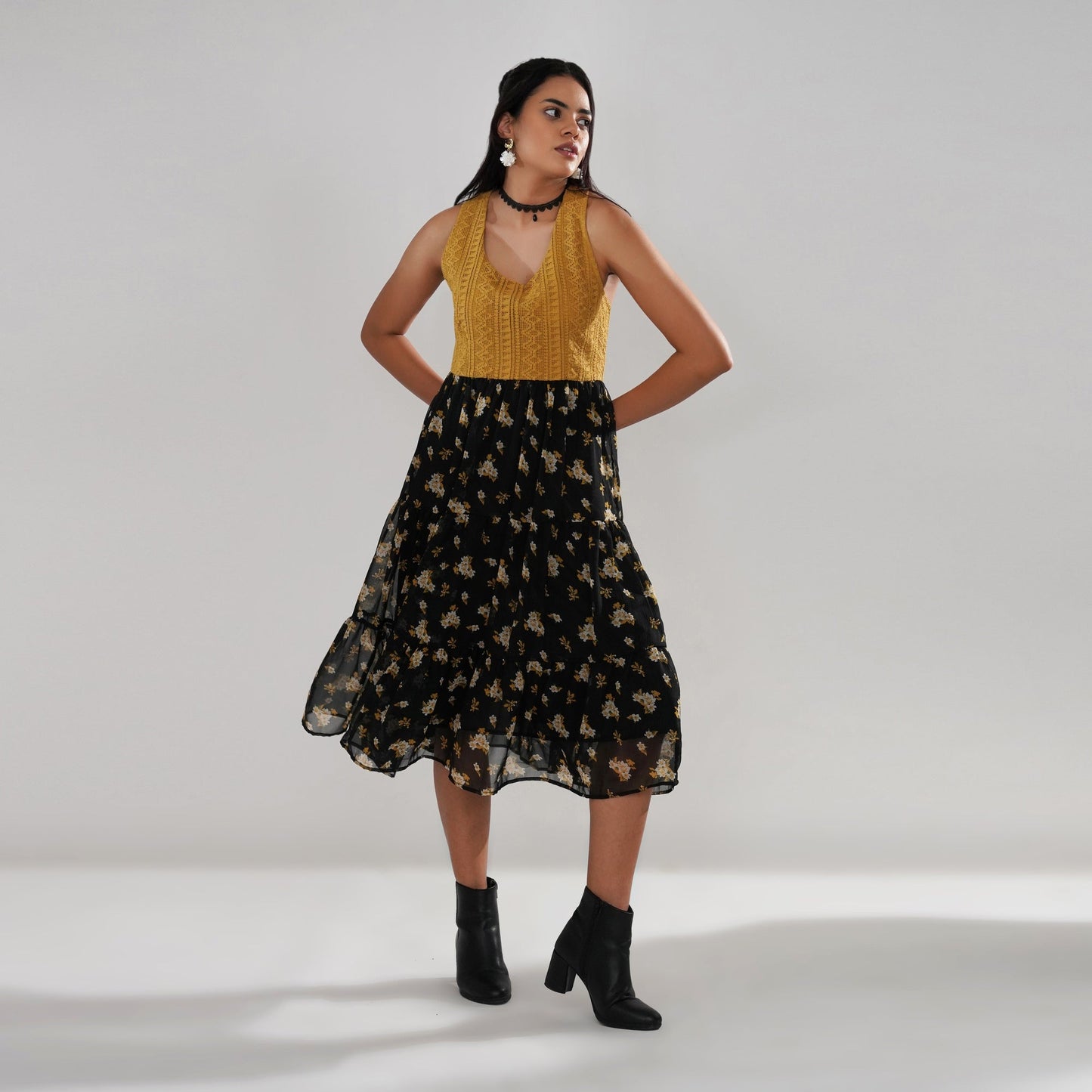 Mustard Crochet Bodice Dress with Floral Georgette Skirt