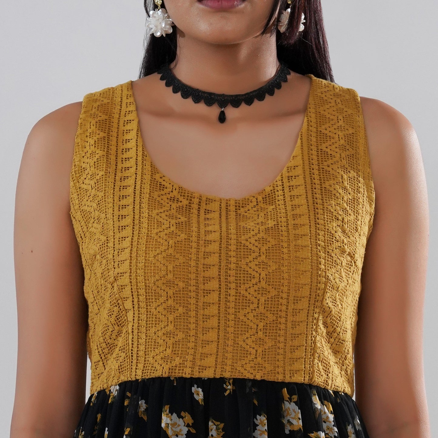 Mustard Crochet Bodice Dress with Floral Georgette Skirt