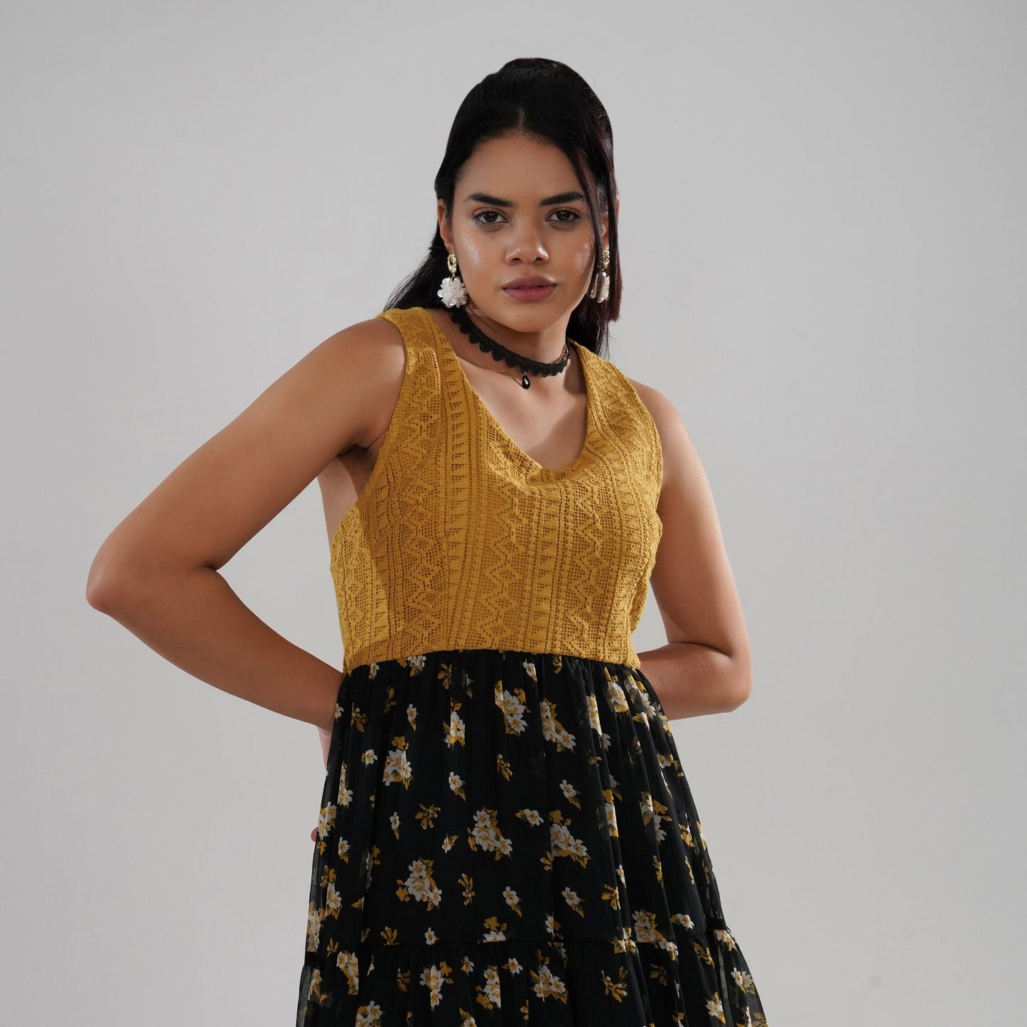 Mustard Crochet Bodice Dress with Floral Georgette Skirt