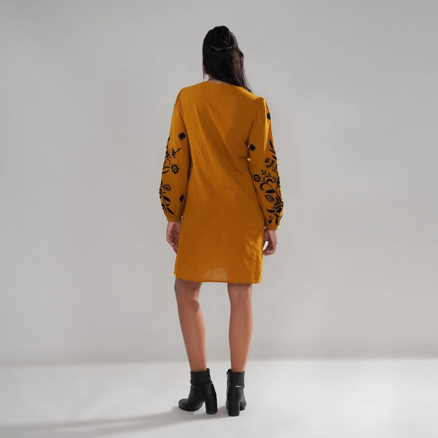 Mustard Embroidered Cotton Slub Dress with Balloon Sleeves
