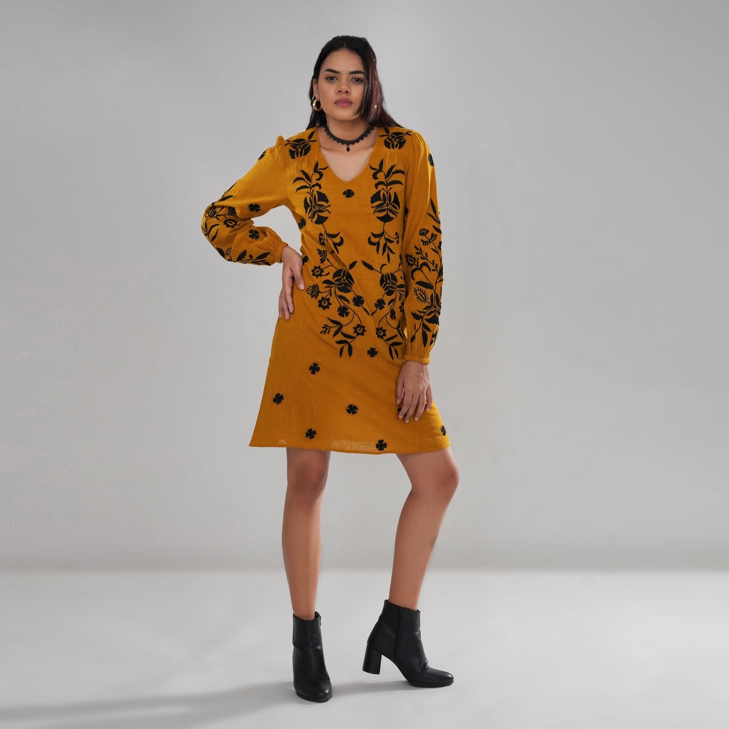 Mustard Embroidered Cotton Slub Dress with Balloon Sleeves