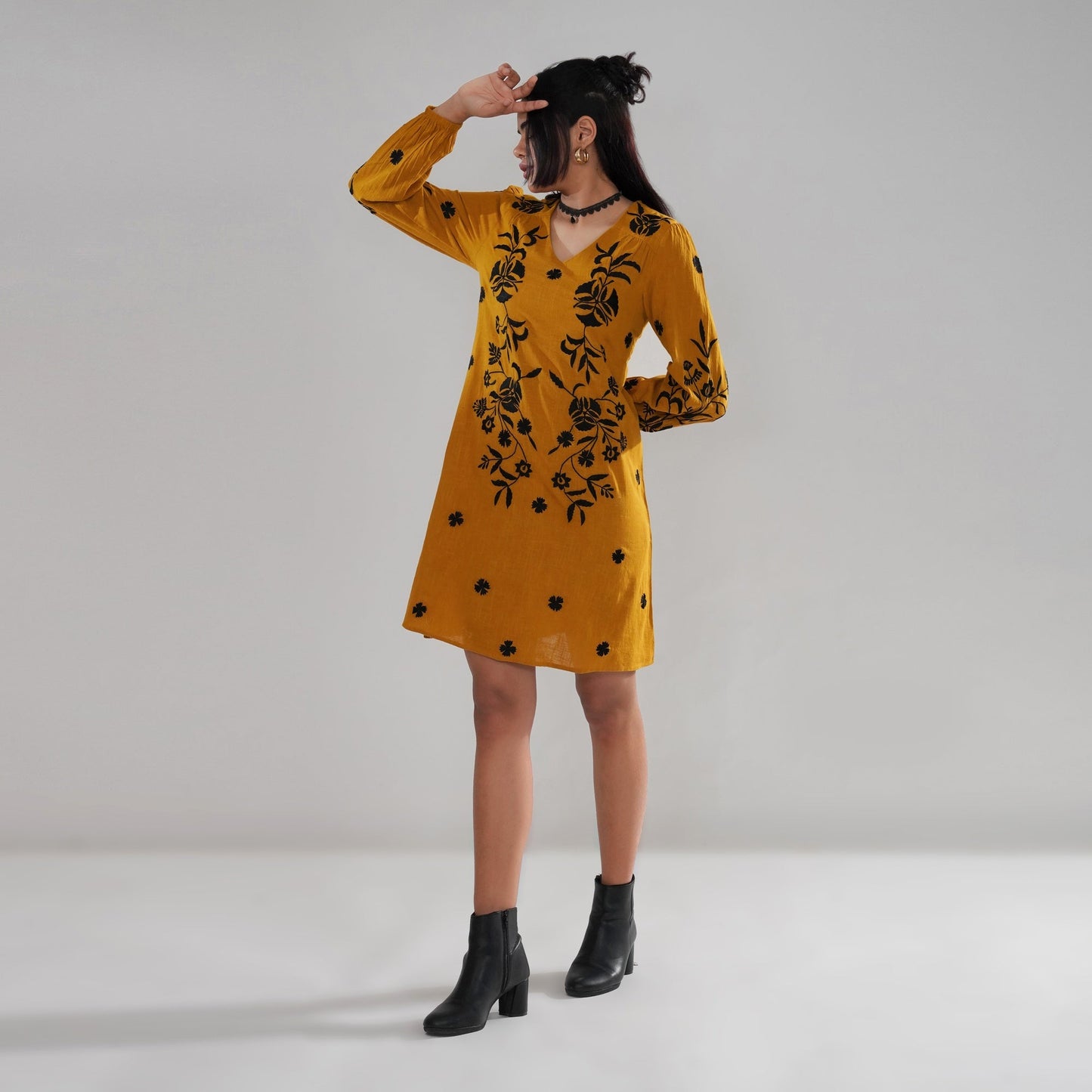 Mustard Embroidered Cotton Slub Dress with Balloon Sleeves