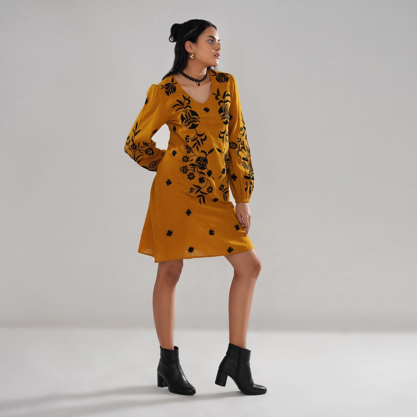 Mustard Embroidered Cotton Slub Dress with Balloon Sleeves