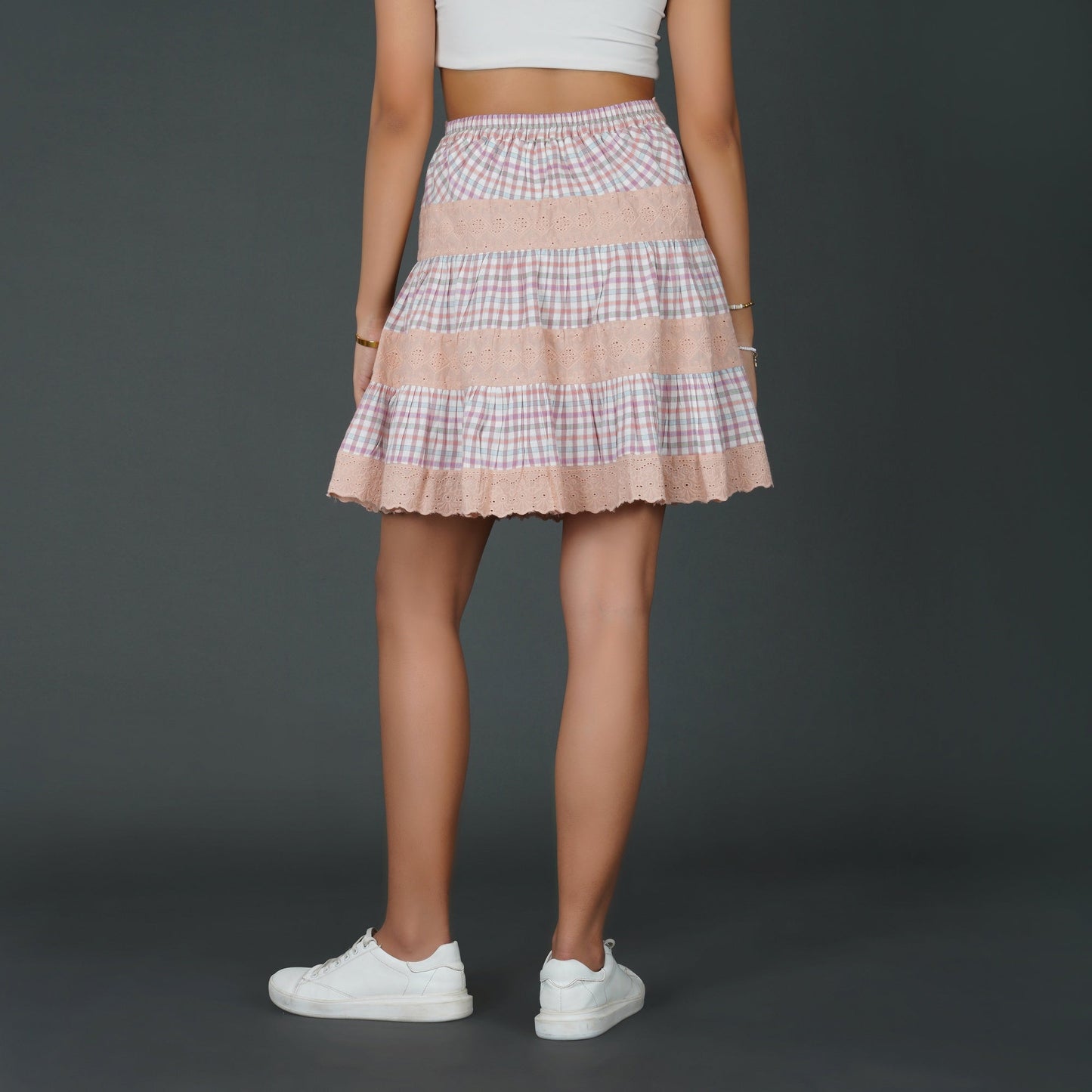 Pastel Checkered Cotton and Schiffli Lace Flared Skirt