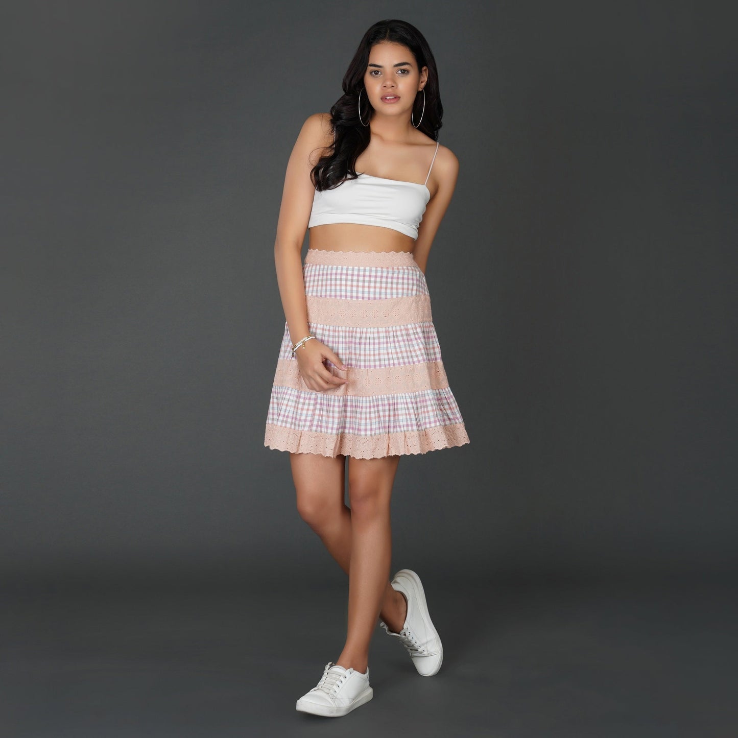 Pastel Checkered Cotton and Schiffli Lace Flared Skirt