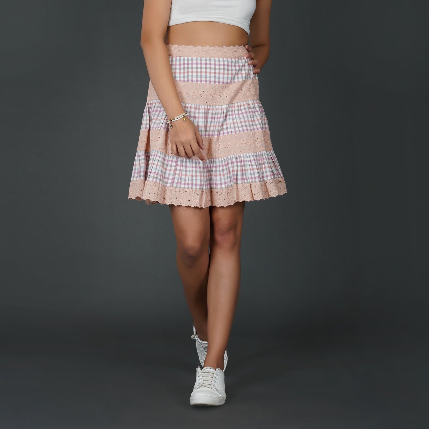 Pastel Checkered Cotton and Schiffli Lace Flared Skirt