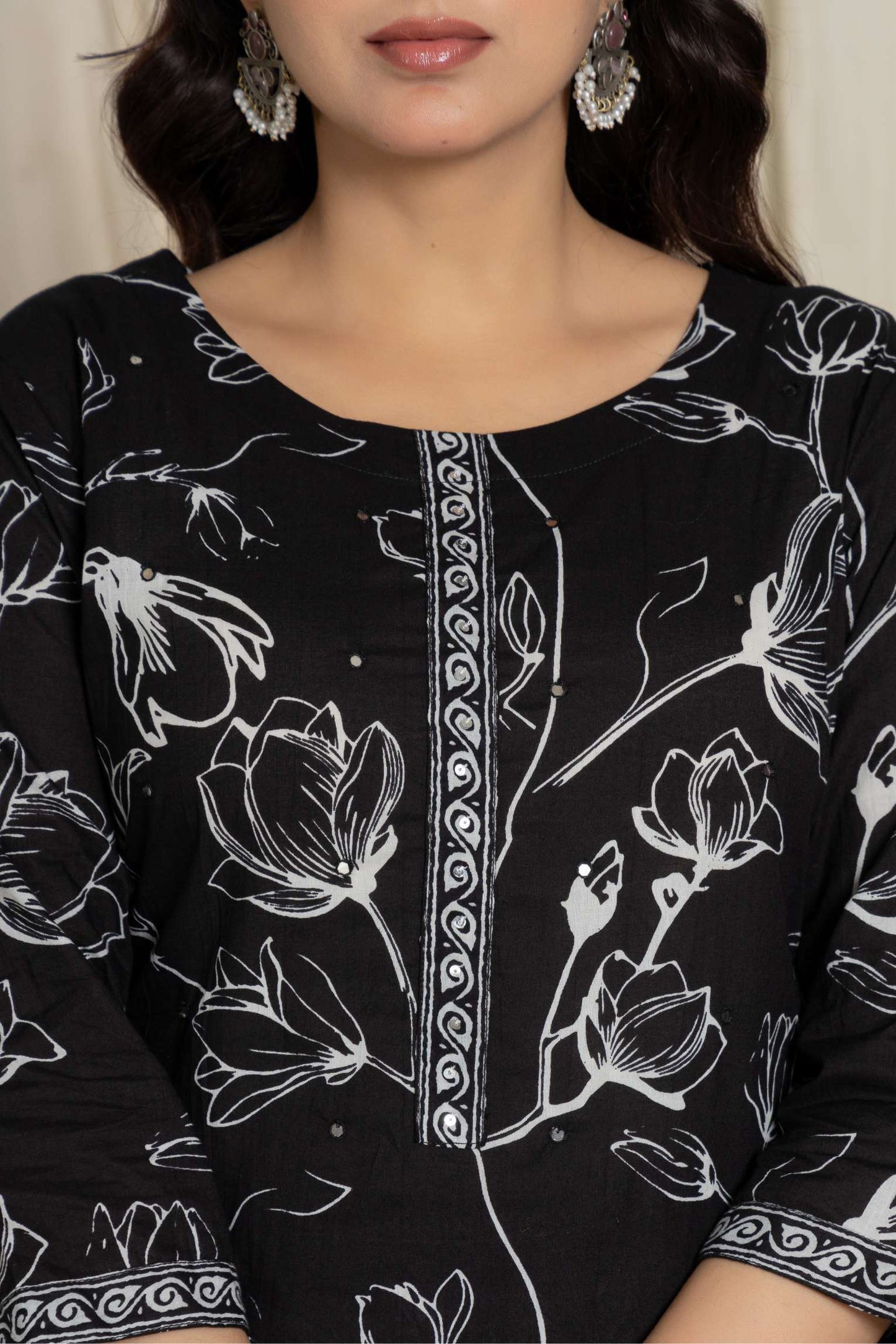 Black Floral Printed Cotton Suit Set with Dupatta