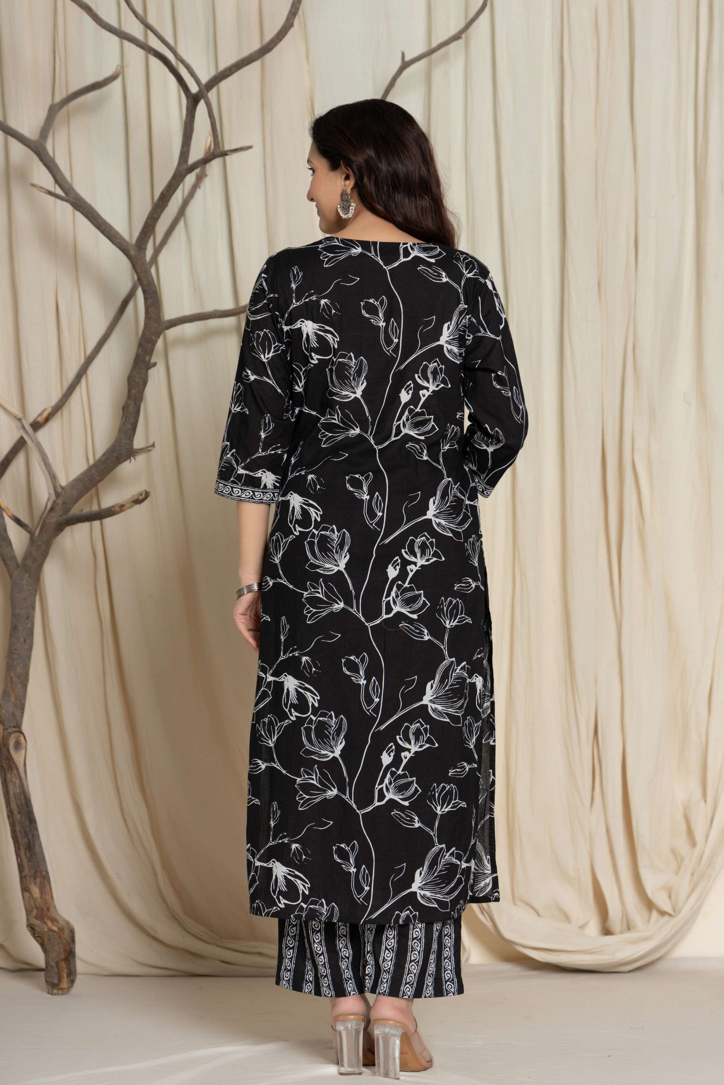 Black Floral Printed Cotton Suit Set with Dupatta