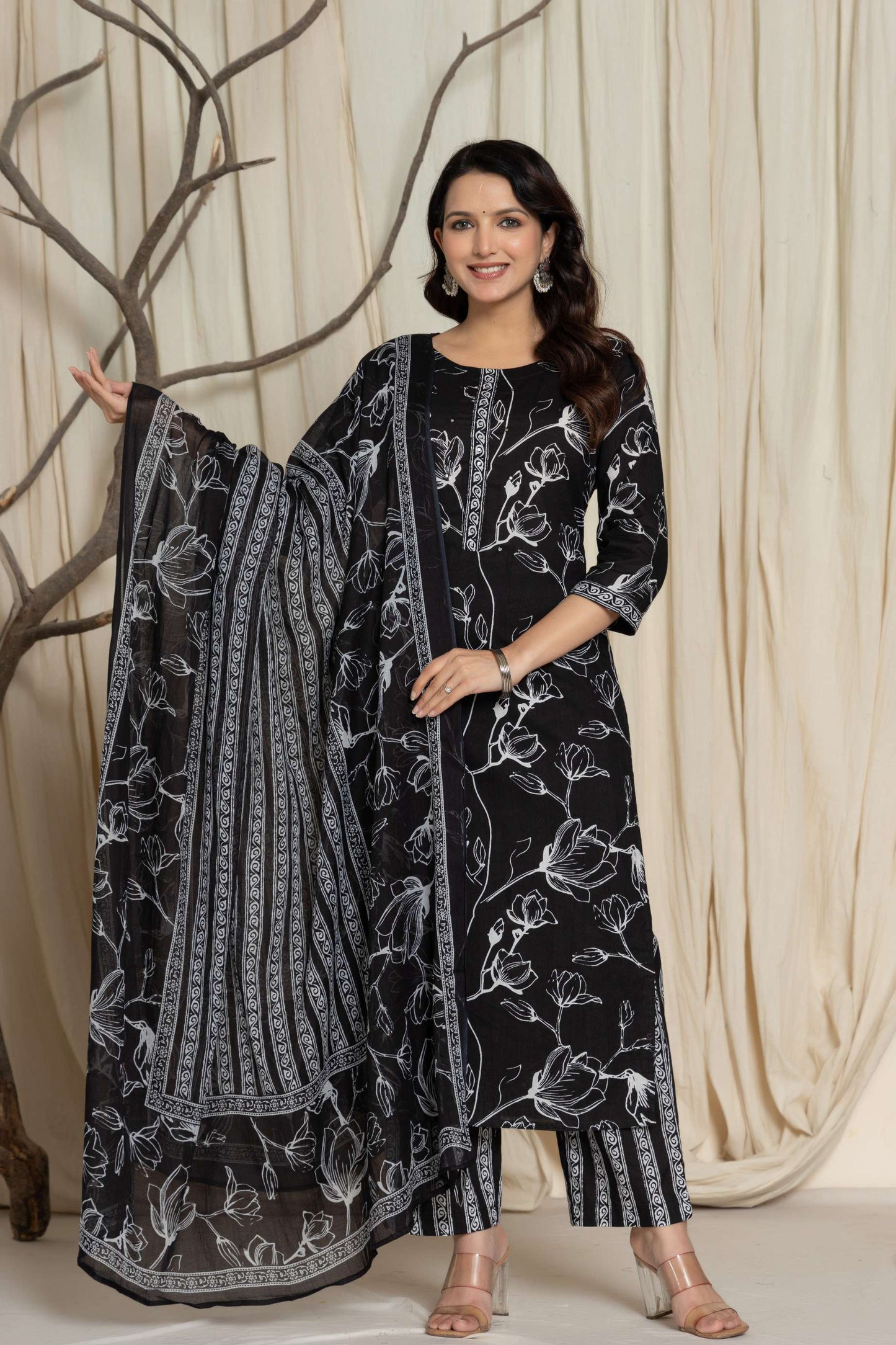 Black Floral Printed Cotton Suit Set with Dupatta