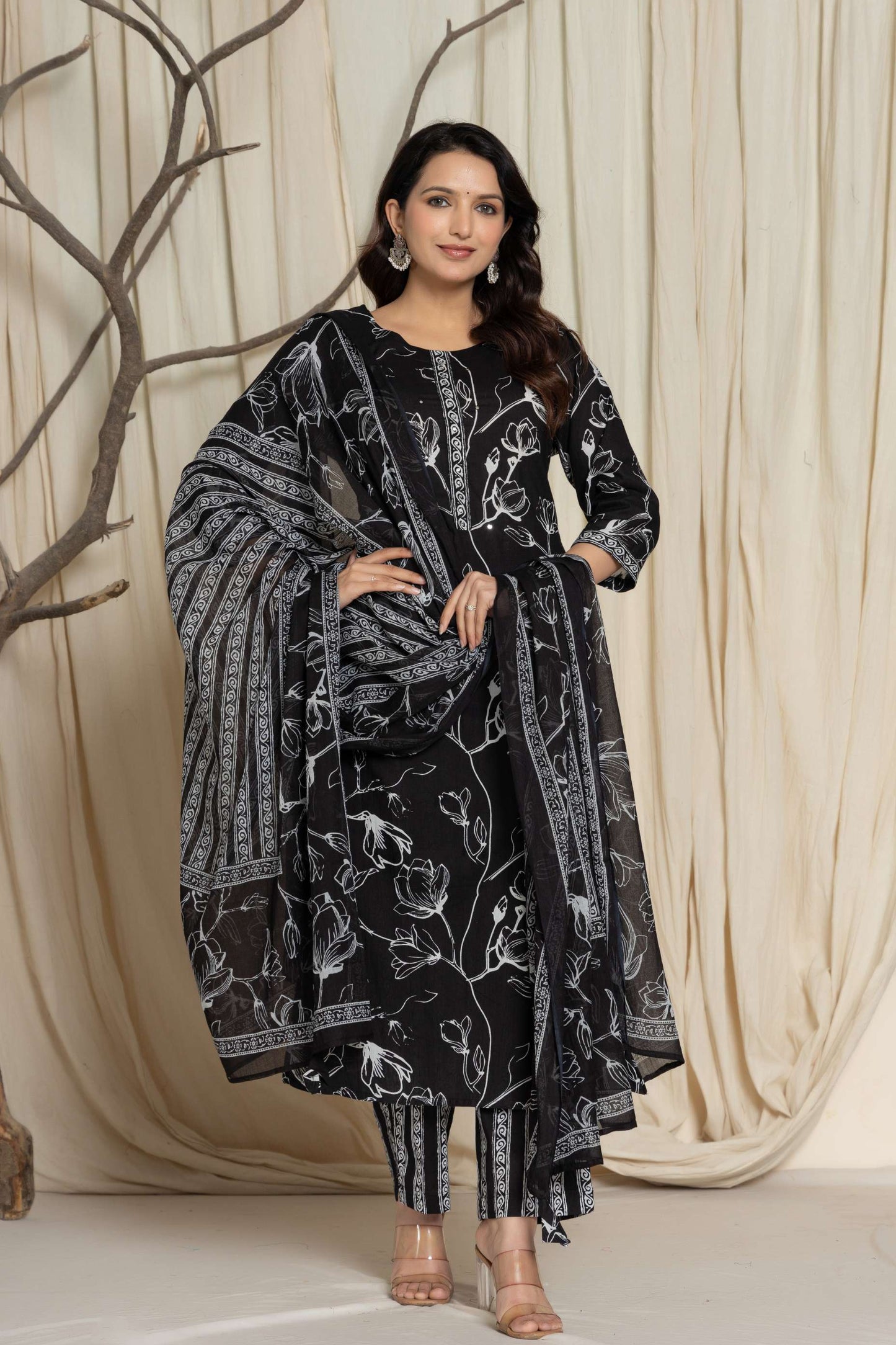 Black Floral Printed Cotton Suit Set with Dupatta