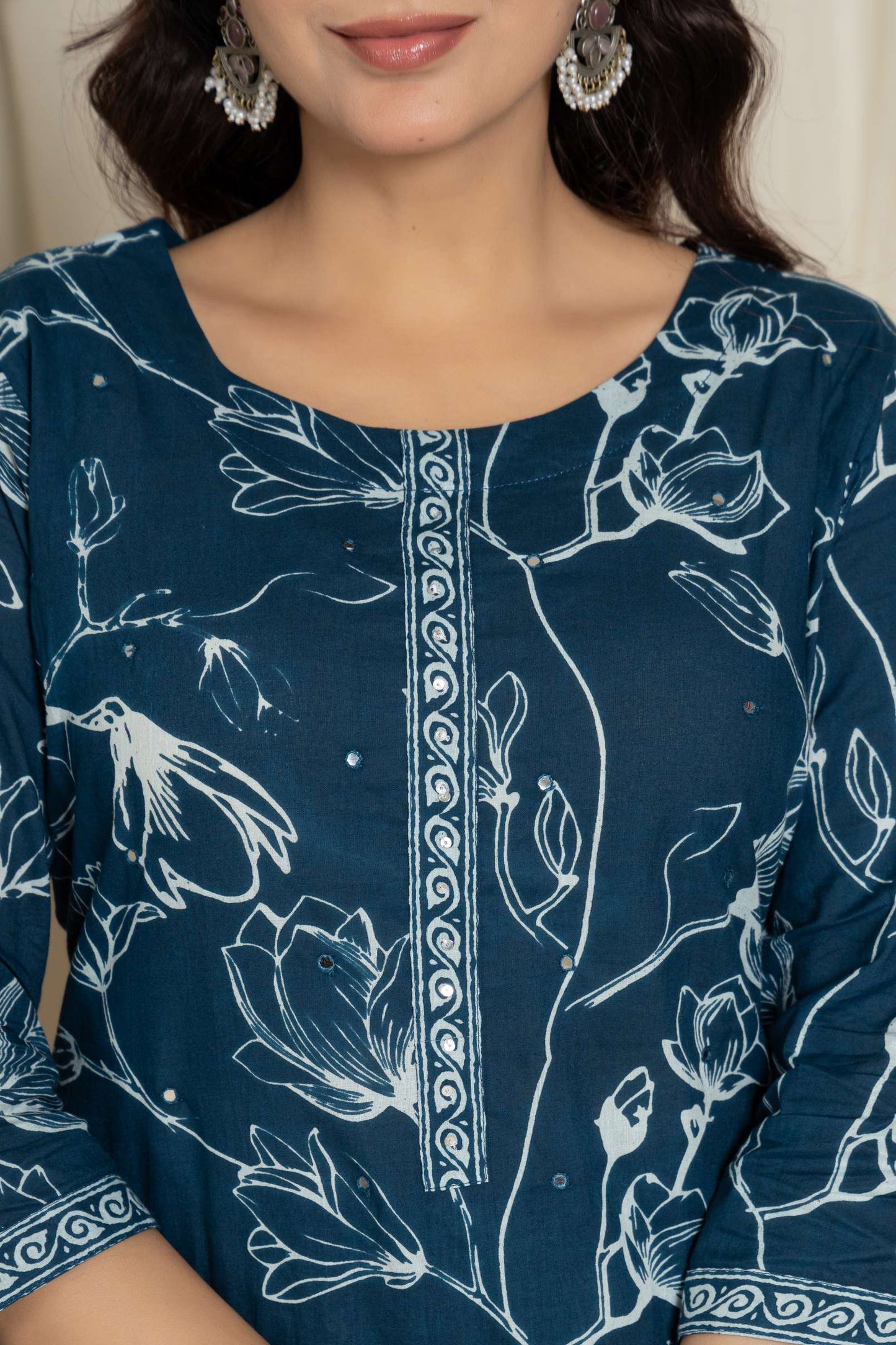 Blue Floral Printed Cotton Suit Set with Dupatta