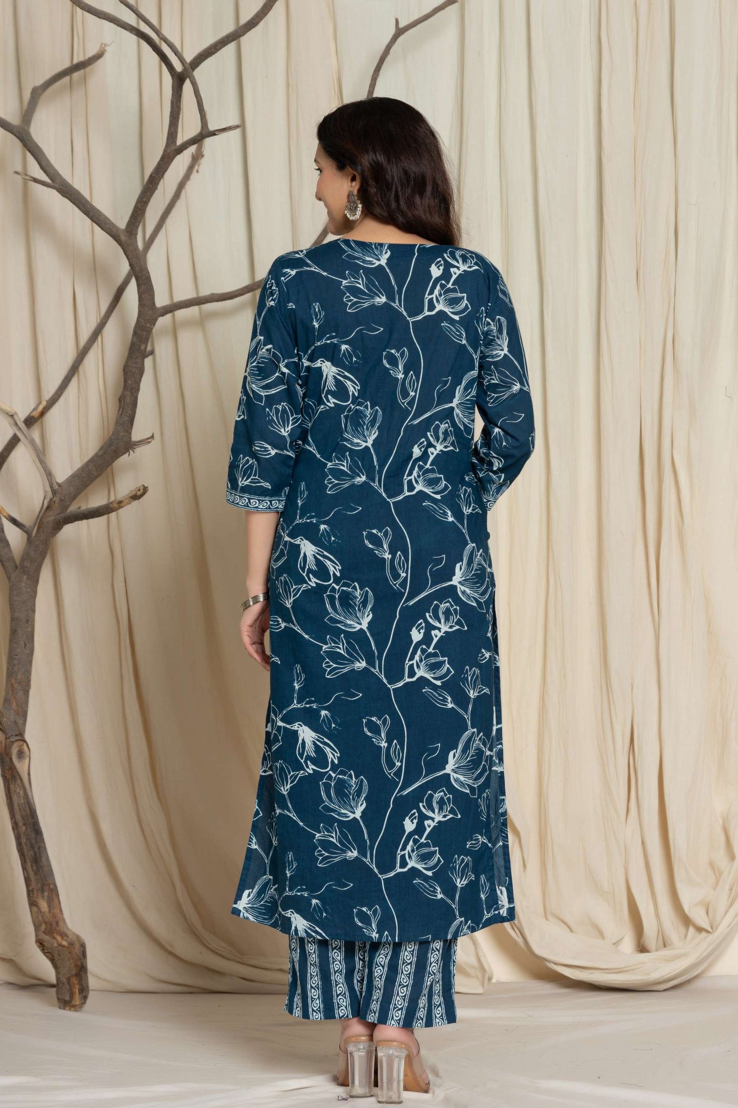 Blue Floral Printed Cotton Suit Set with Dupatta