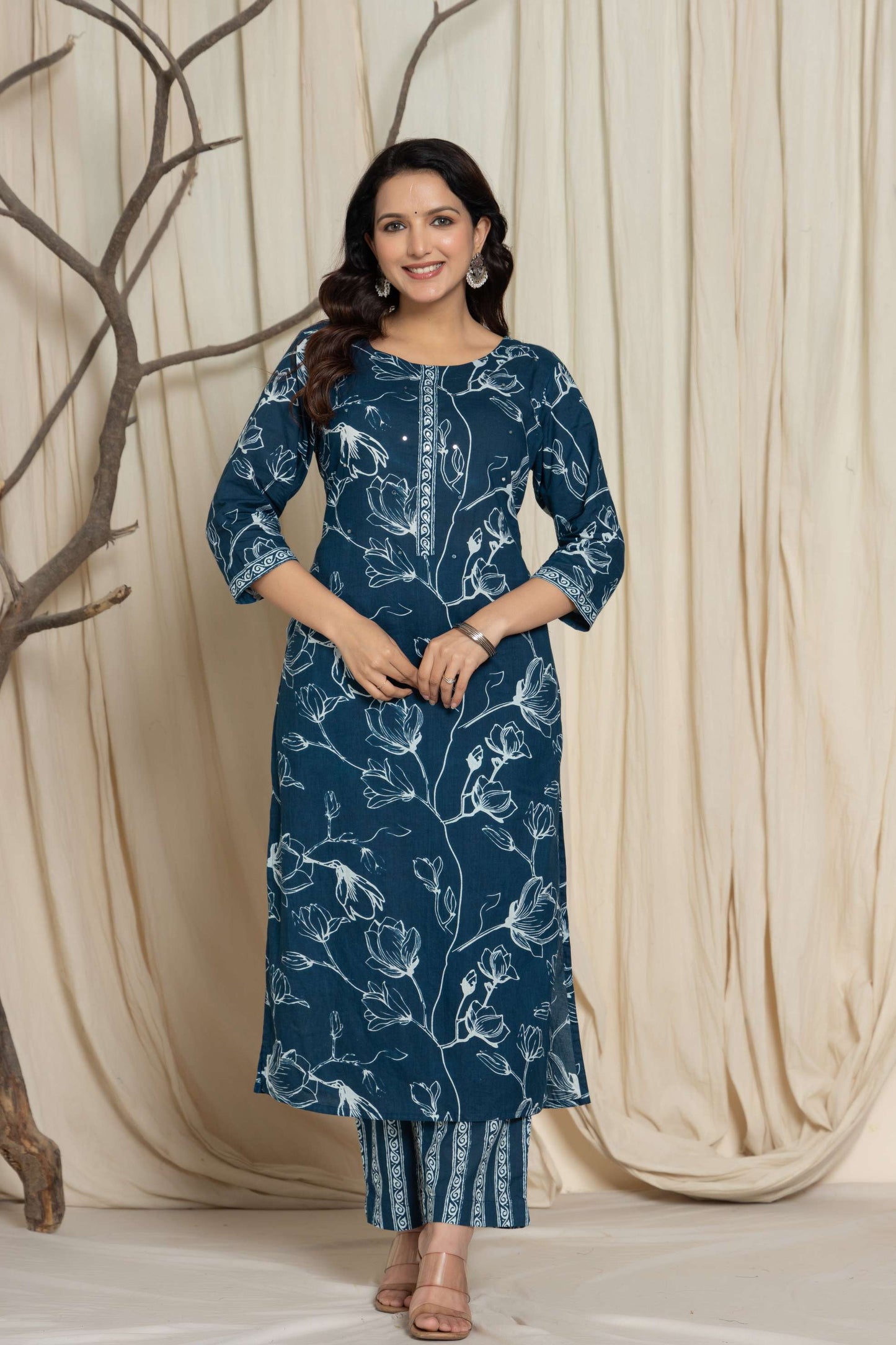 Blue Floral Printed Cotton Suit Set with Dupatta