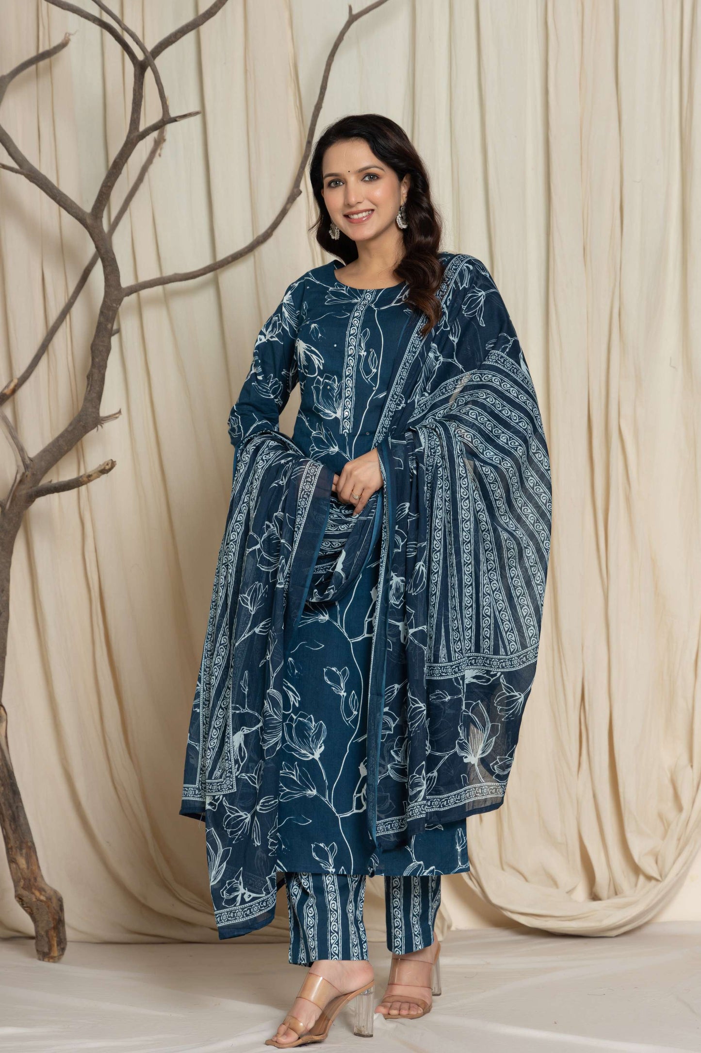 Blue Floral Printed Cotton Suit Set with Dupatta
