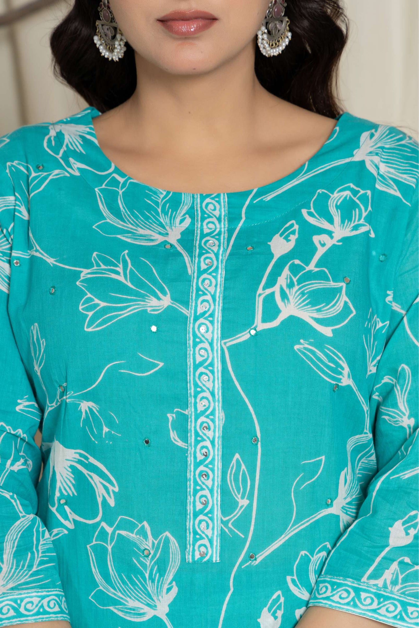 Green Floral Printed Cotton Suit Set with Dupatta