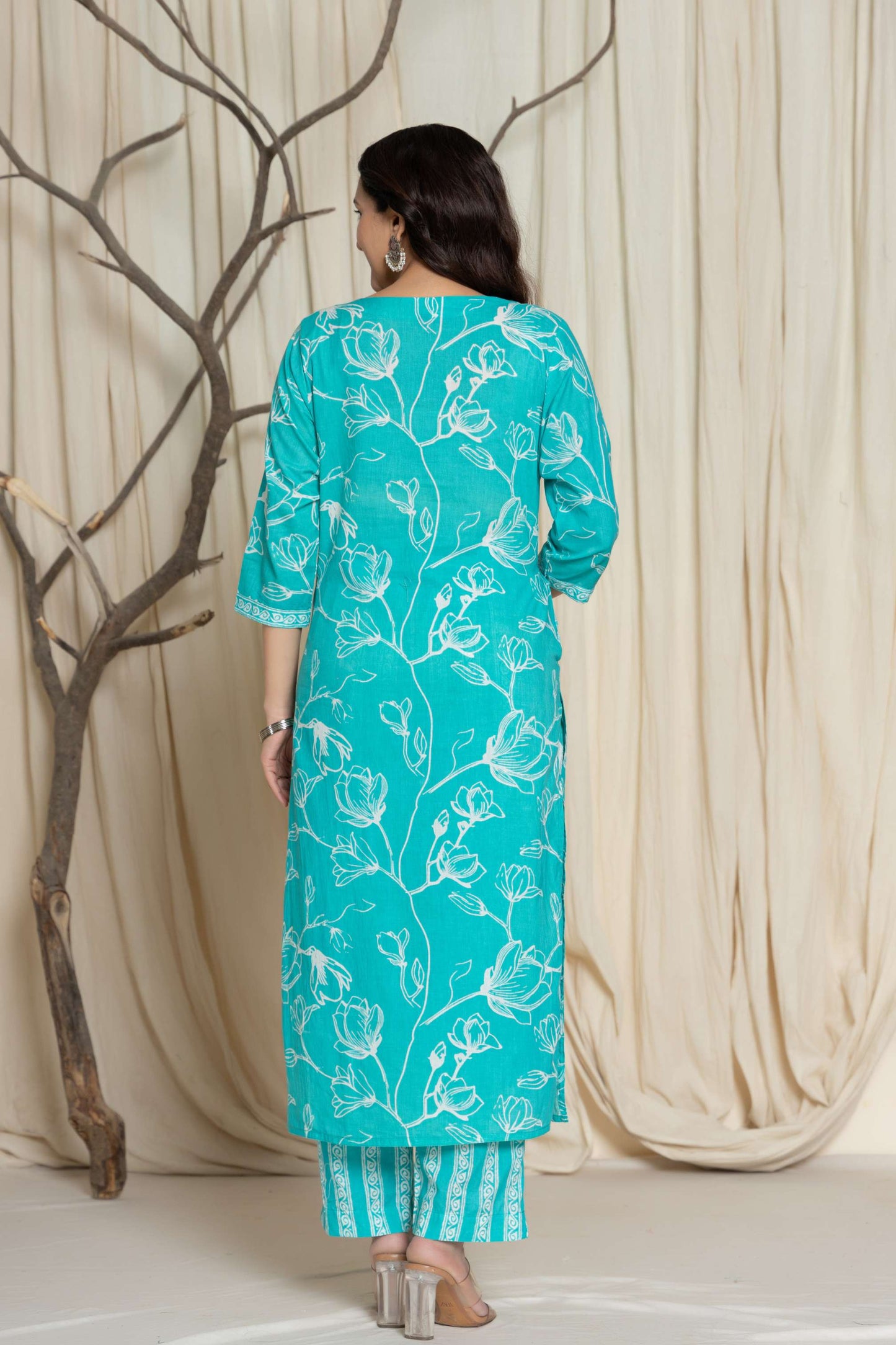 Green Floral Printed Cotton Suit Set with Dupatta
