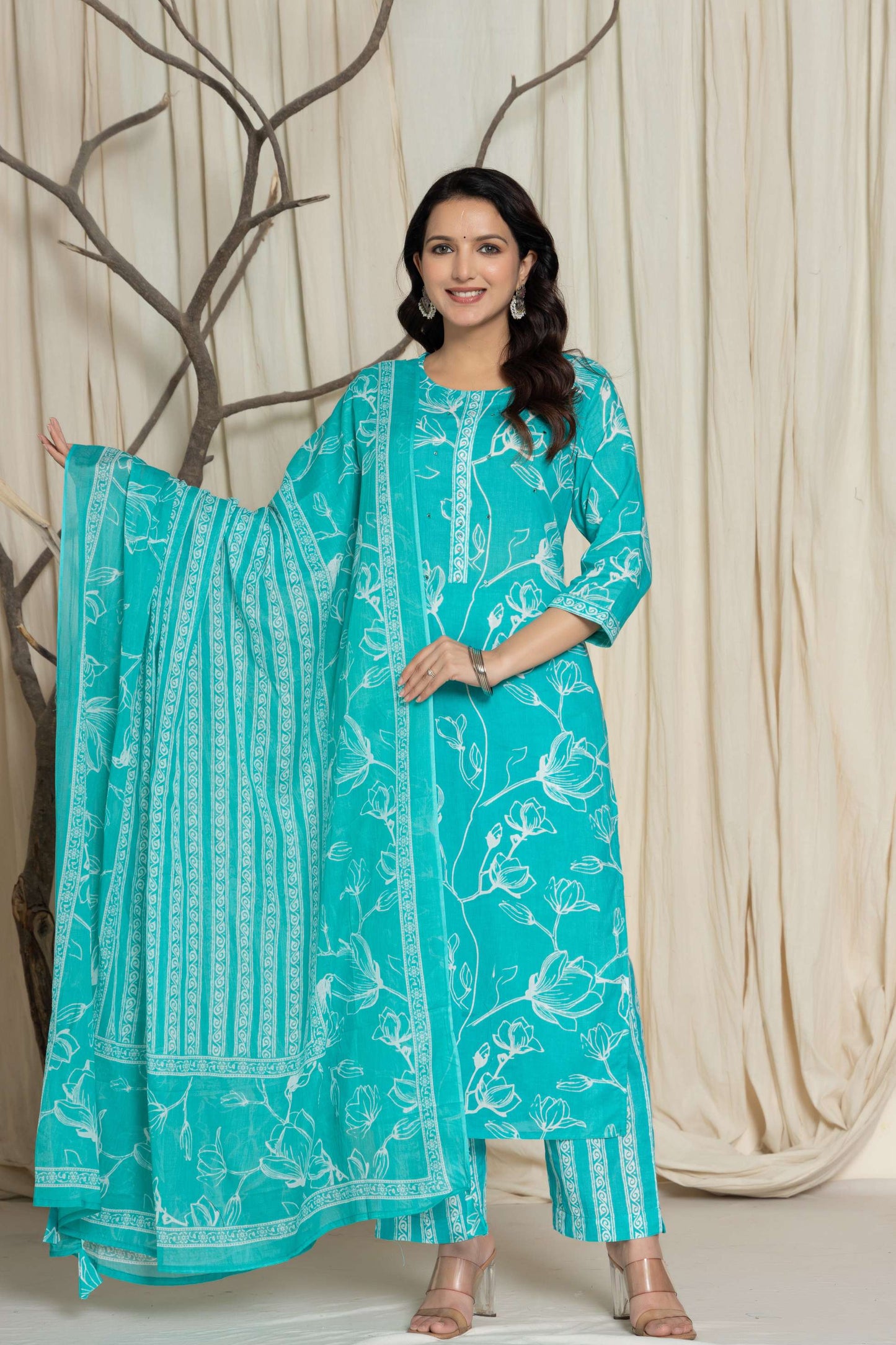 Green Floral Printed Cotton Suit Set with Dupatta