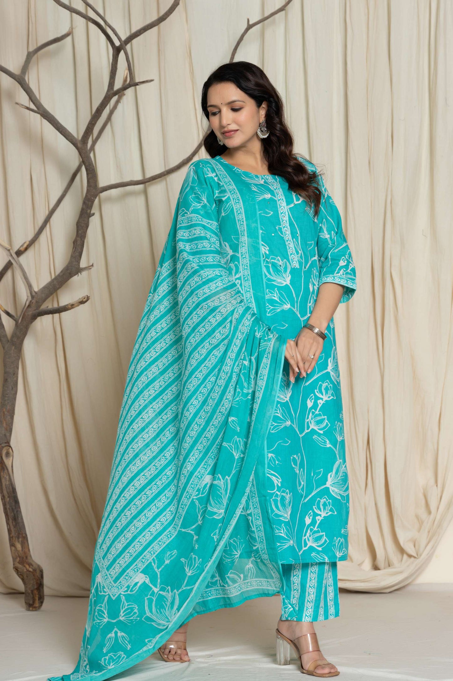 Green Floral Printed Cotton Suit Set with Dupatta
