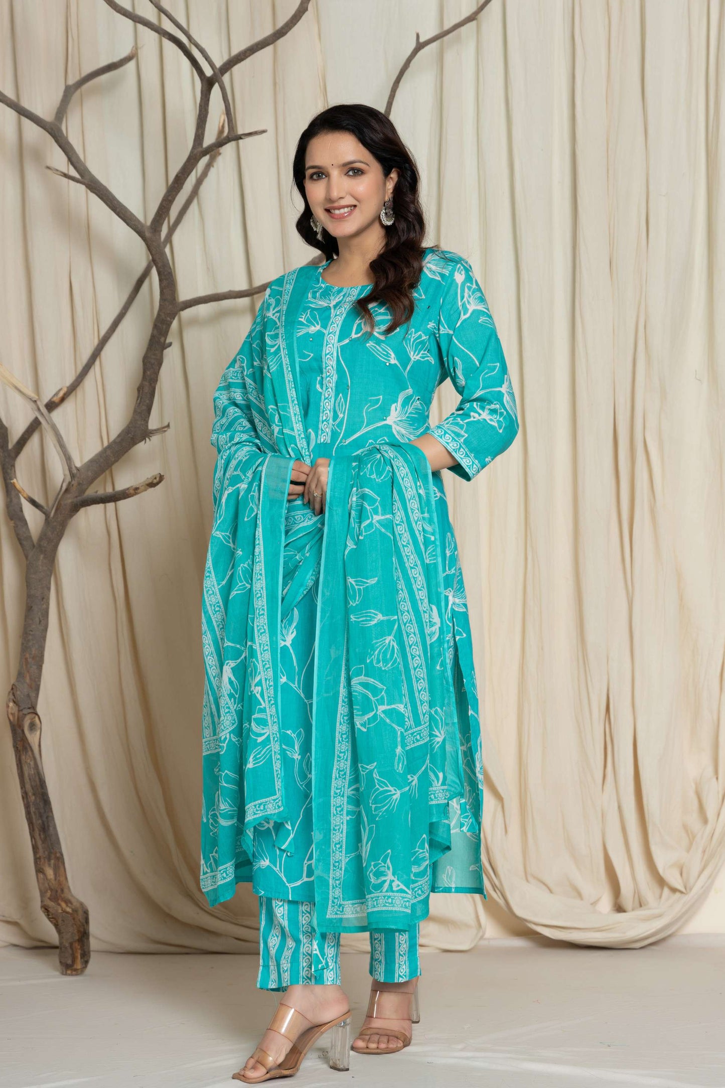 Green Floral Printed Cotton Suit Set with Dupatta