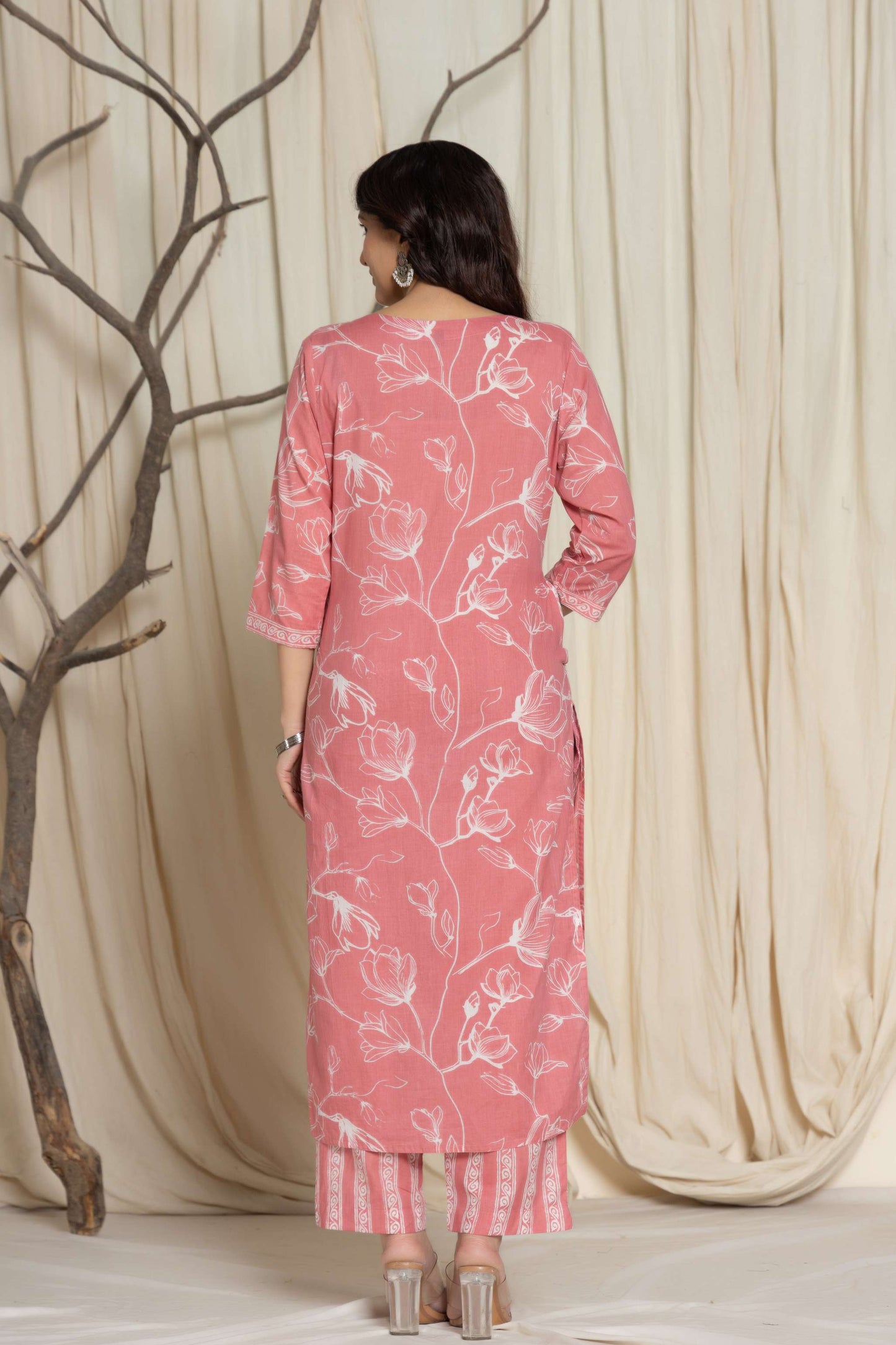 Pink Floral Printed Cotton Suit Set with Dupatta