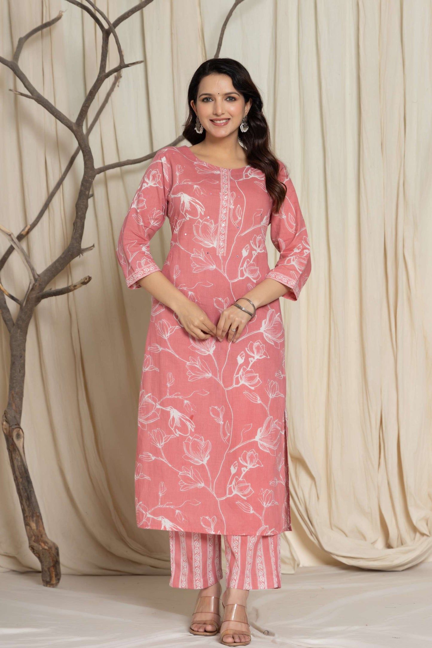 Pink Floral Printed Cotton Suit Set with Dupatta