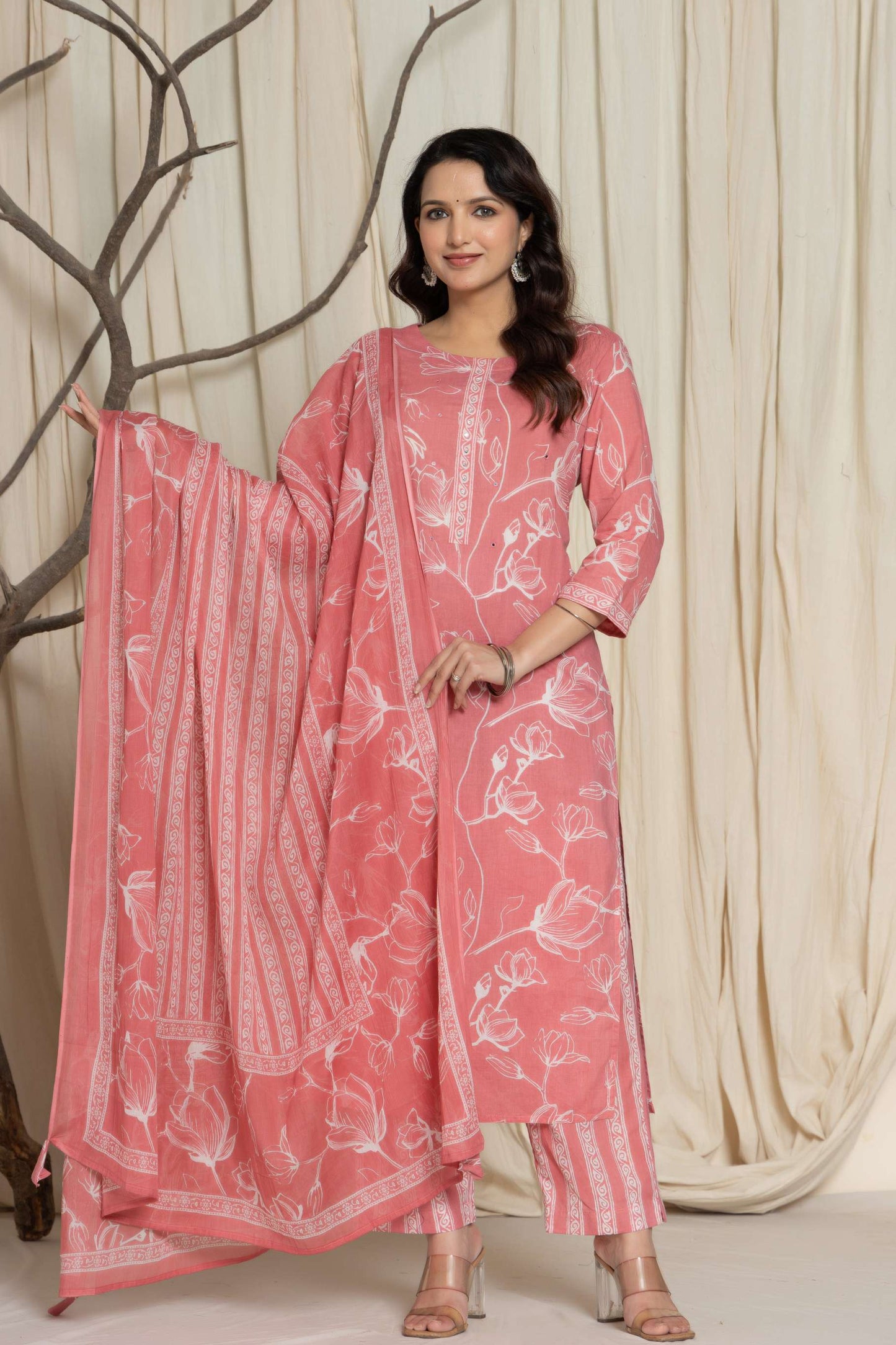 Pink Floral Printed Cotton Suit Set with Dupatta