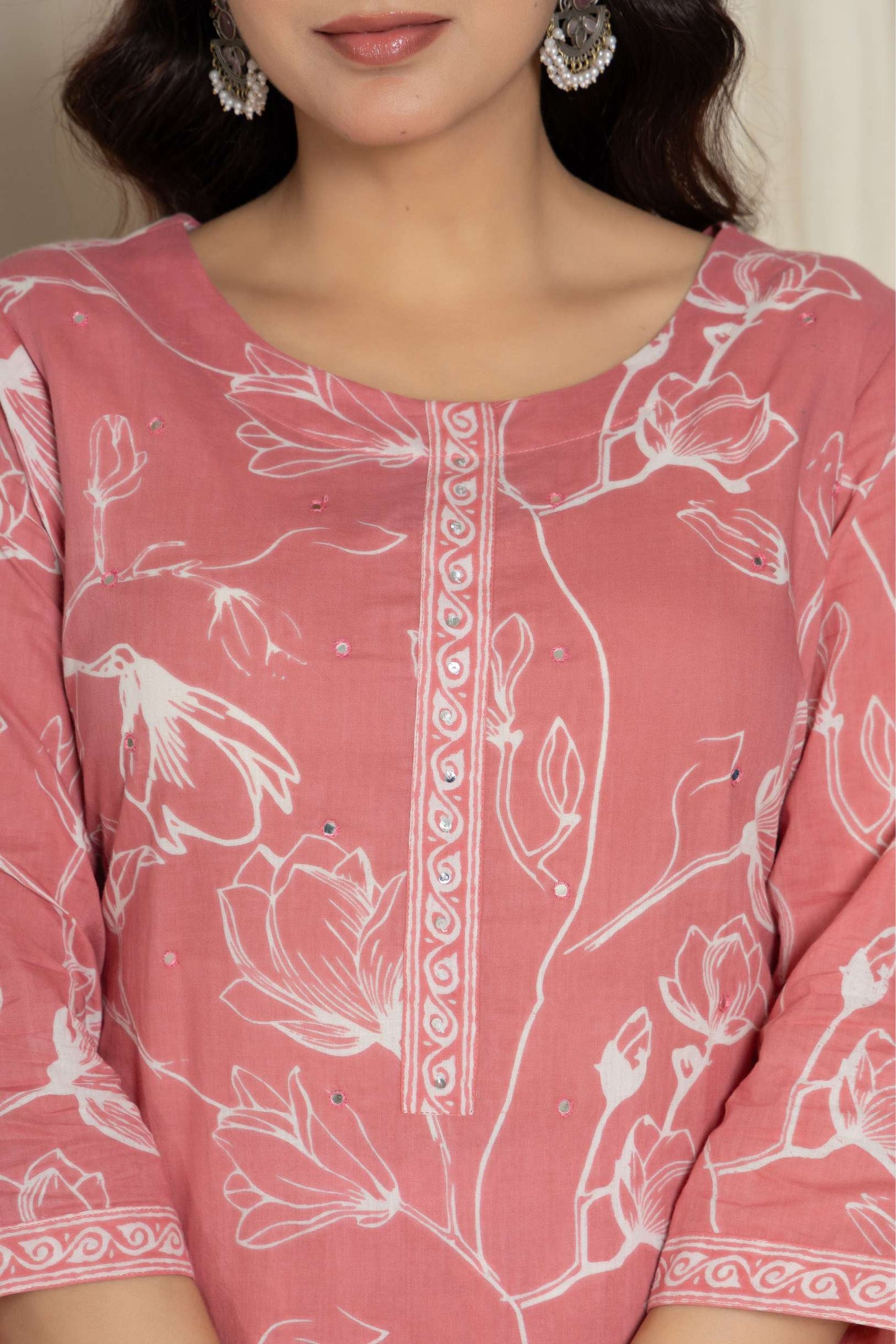 Pink Floral Printed Cotton Suit Set with Dupatta