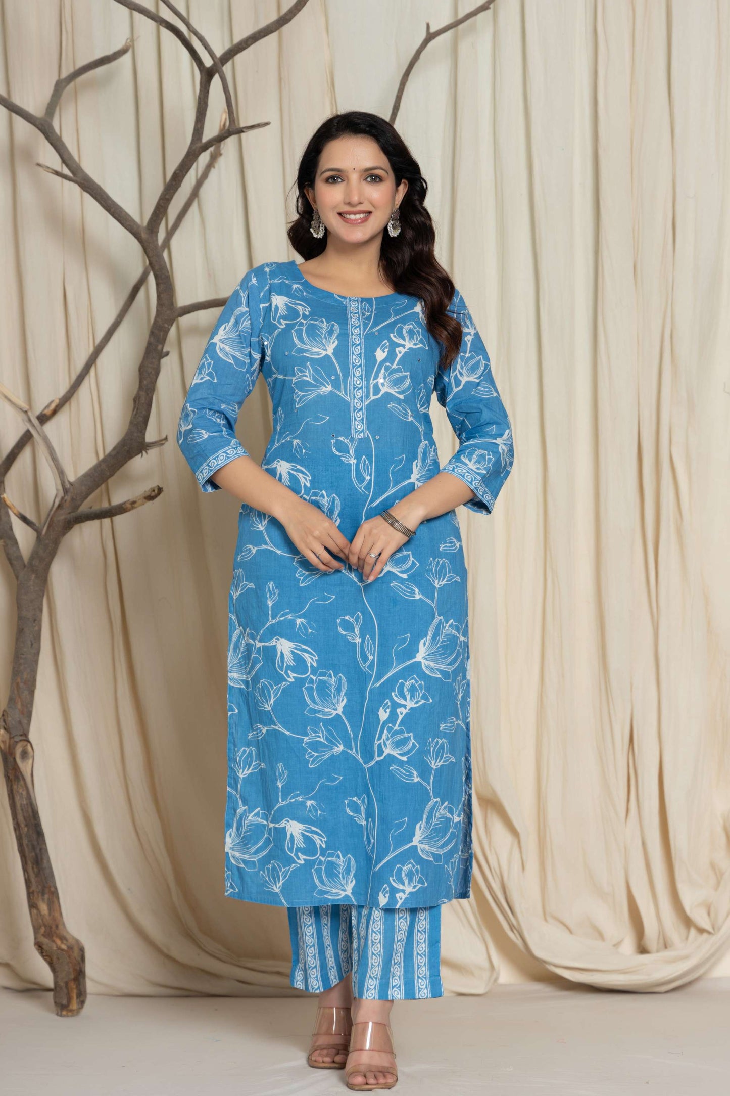 Sky Blue Floral Printed Cotton Suit Set with Dupatta
