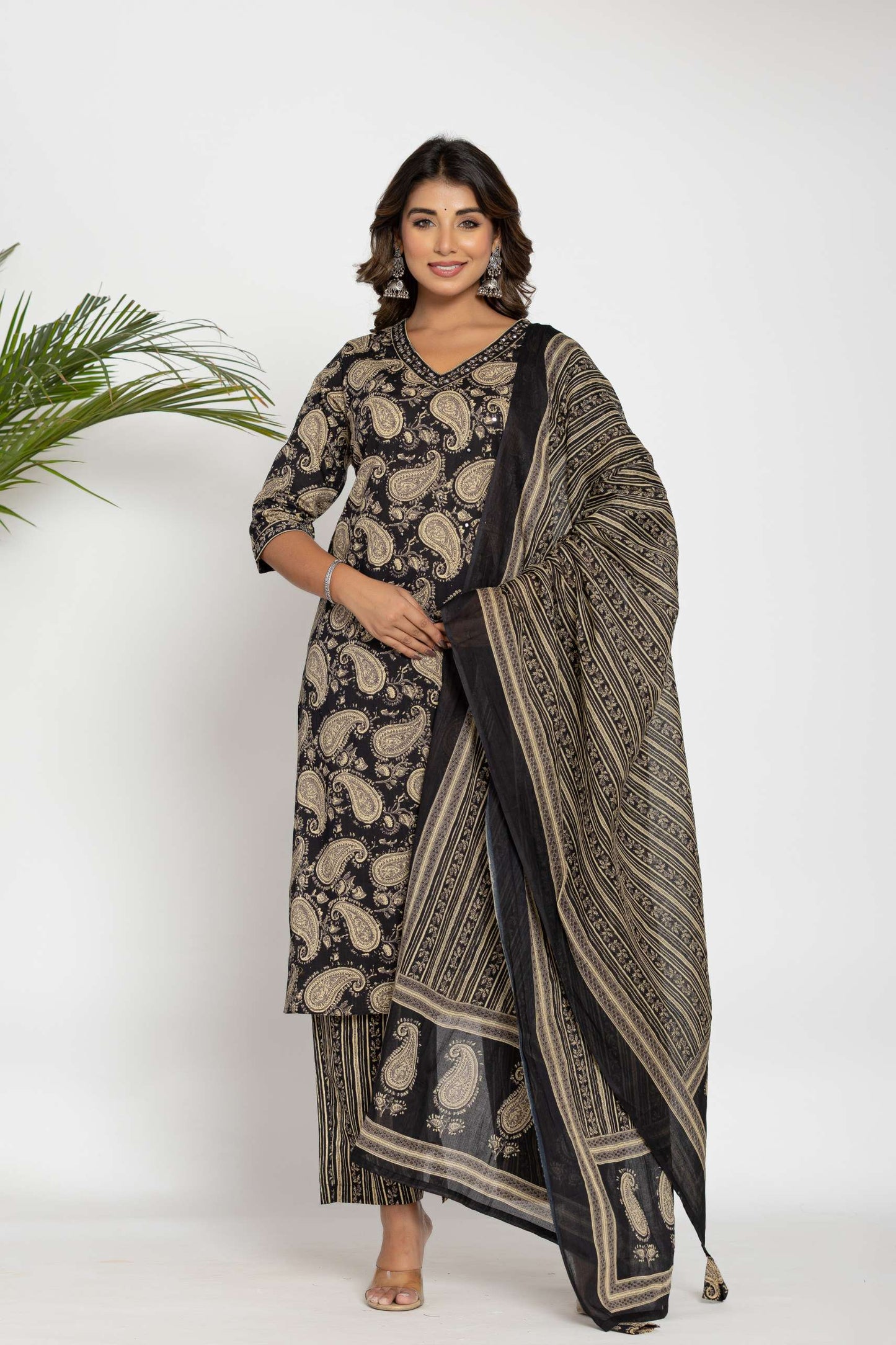 Black Paisley Printed Cotton Suit Set with Dupatta