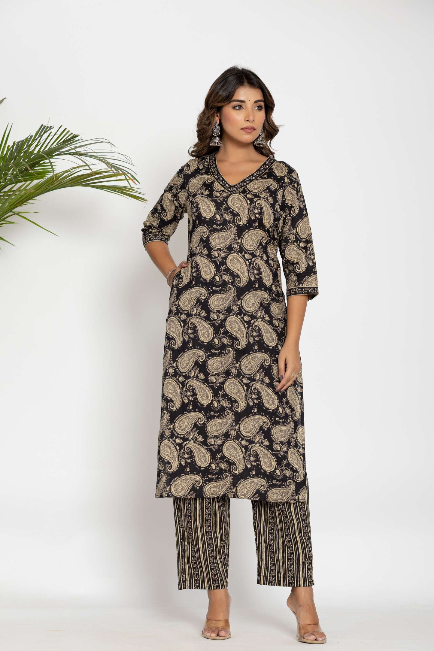 Black Paisley Printed Cotton Suit Set with Dupatta