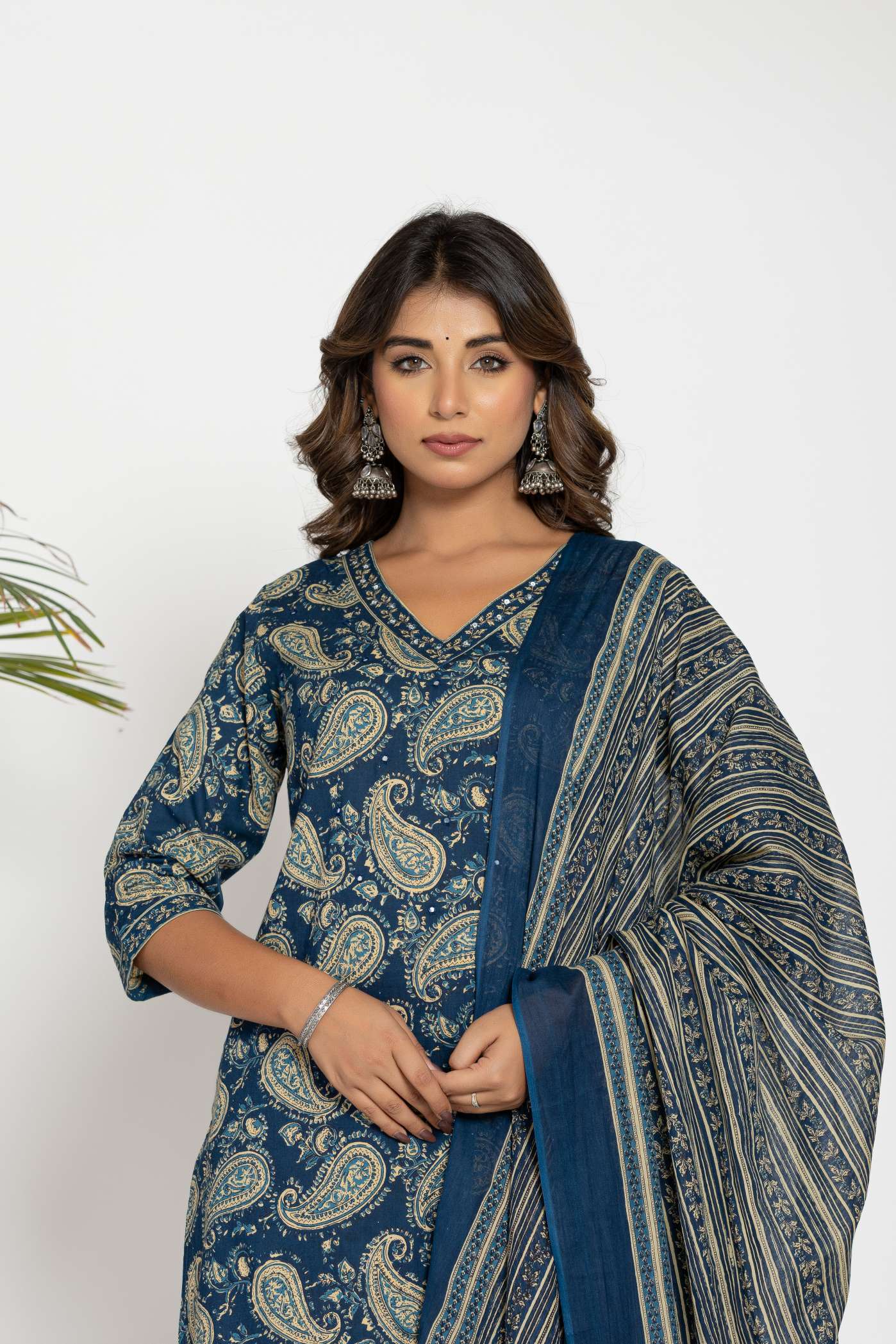 Blue Paisley Printed Cotton Suit Set with Dupatta