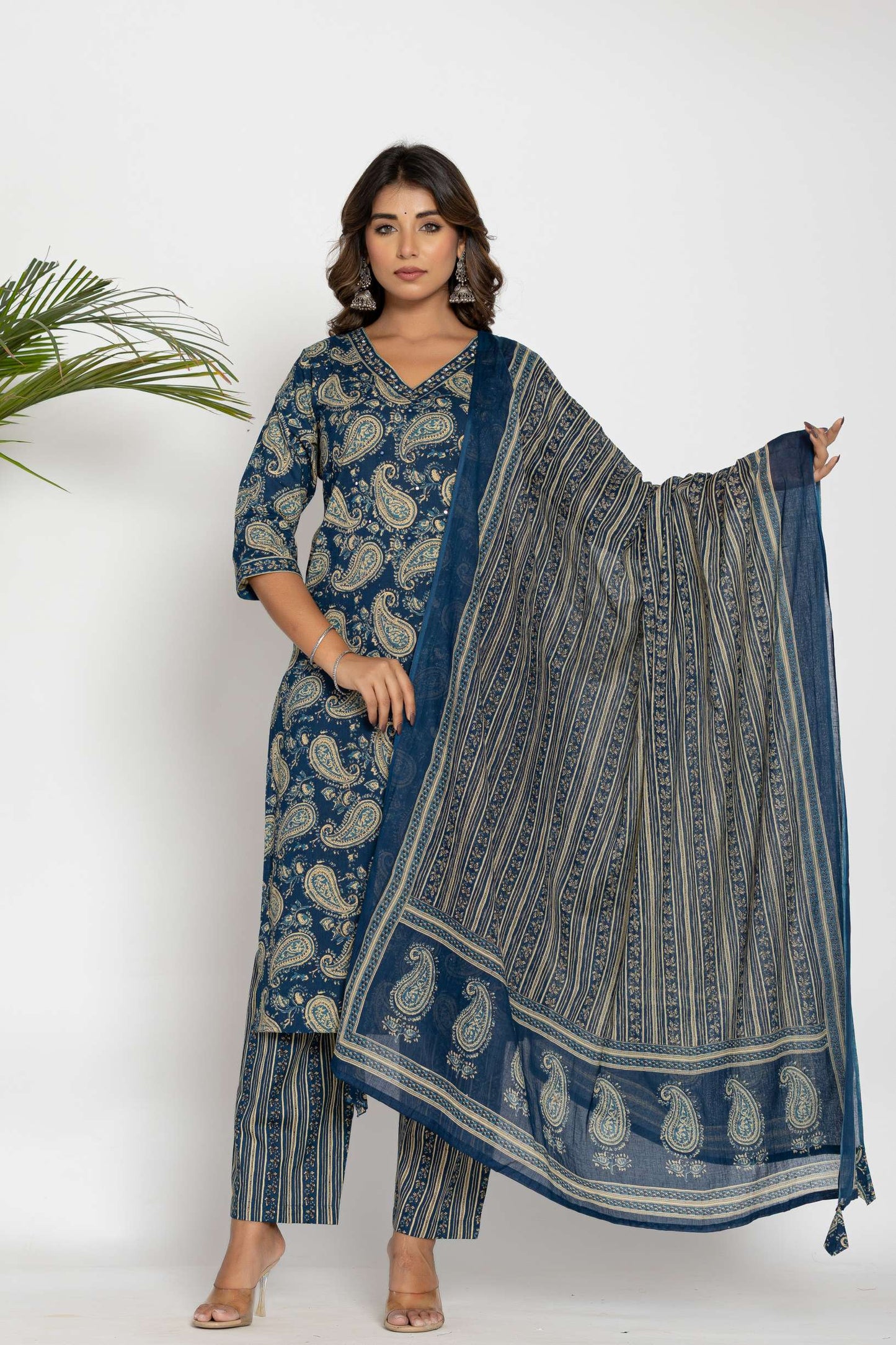 Blue Paisley Printed Cotton Suit Set with Dupatta