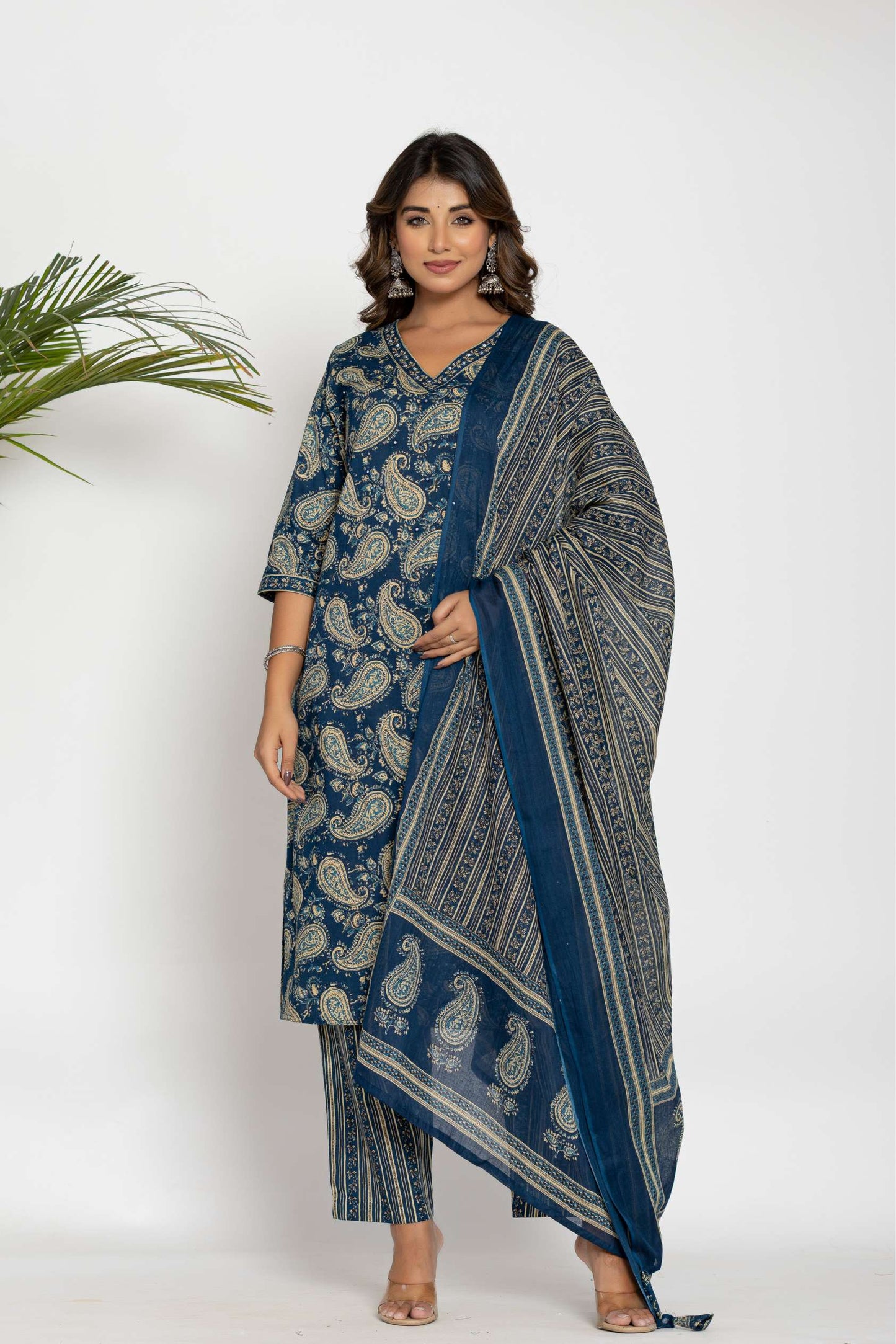 Blue Paisley Printed Cotton Suit Set with Dupatta