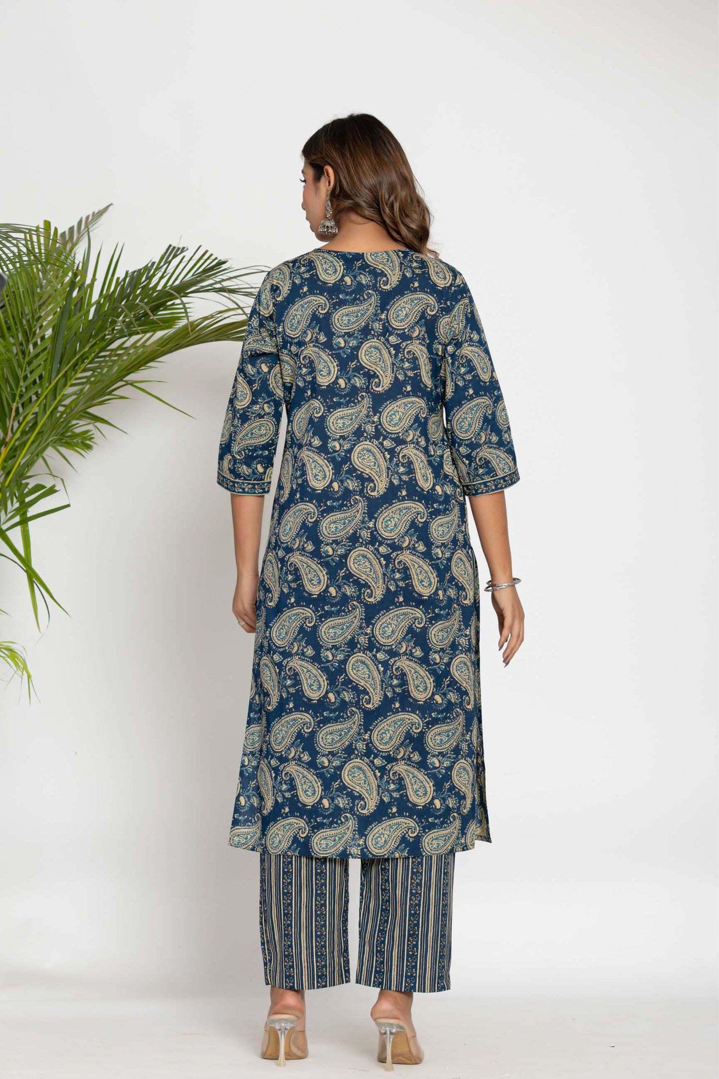 Blue Paisley Printed Cotton Suit Set with Dupatta