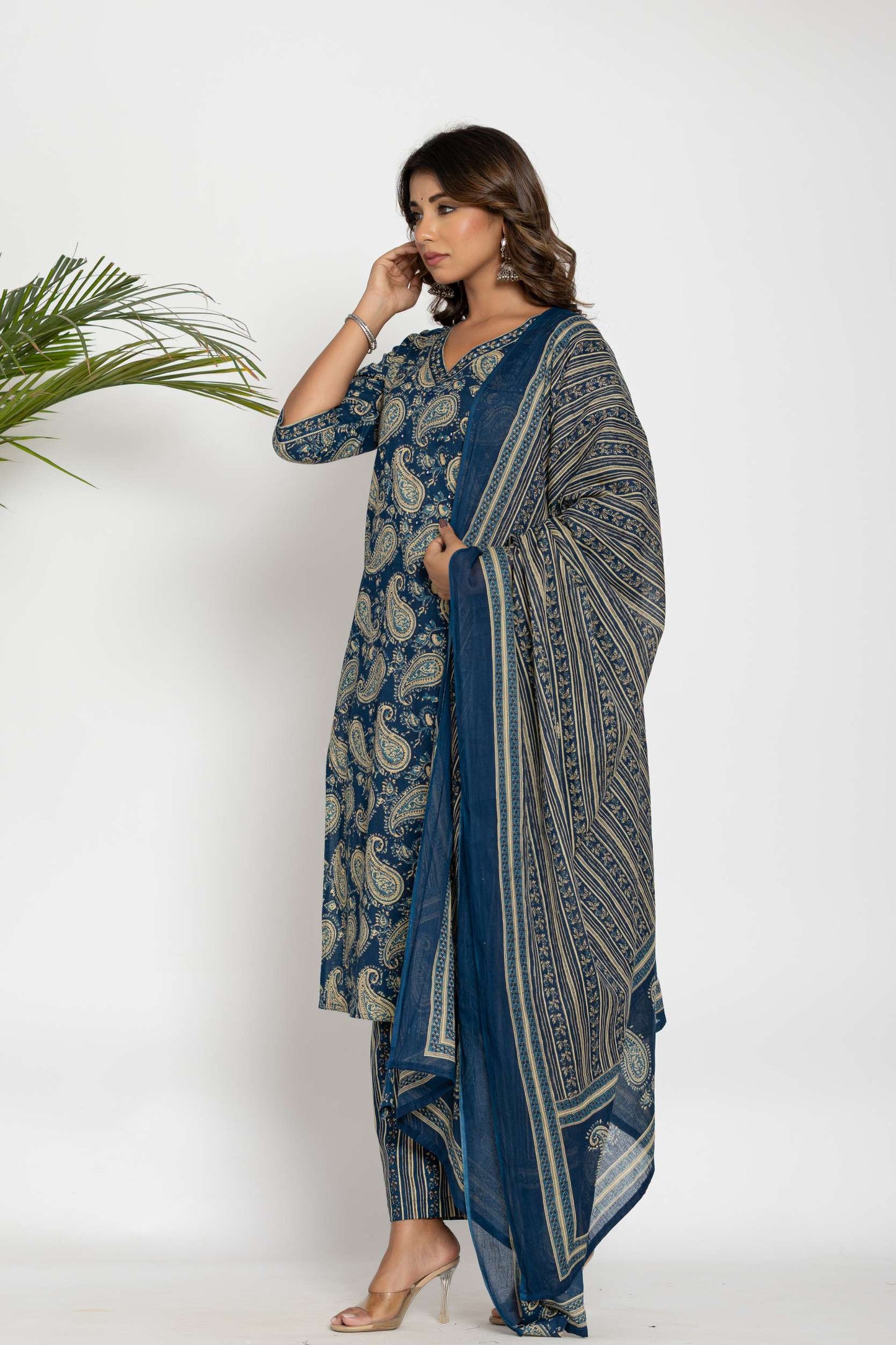 Blue Paisley Printed Cotton Suit Set with Dupatta
