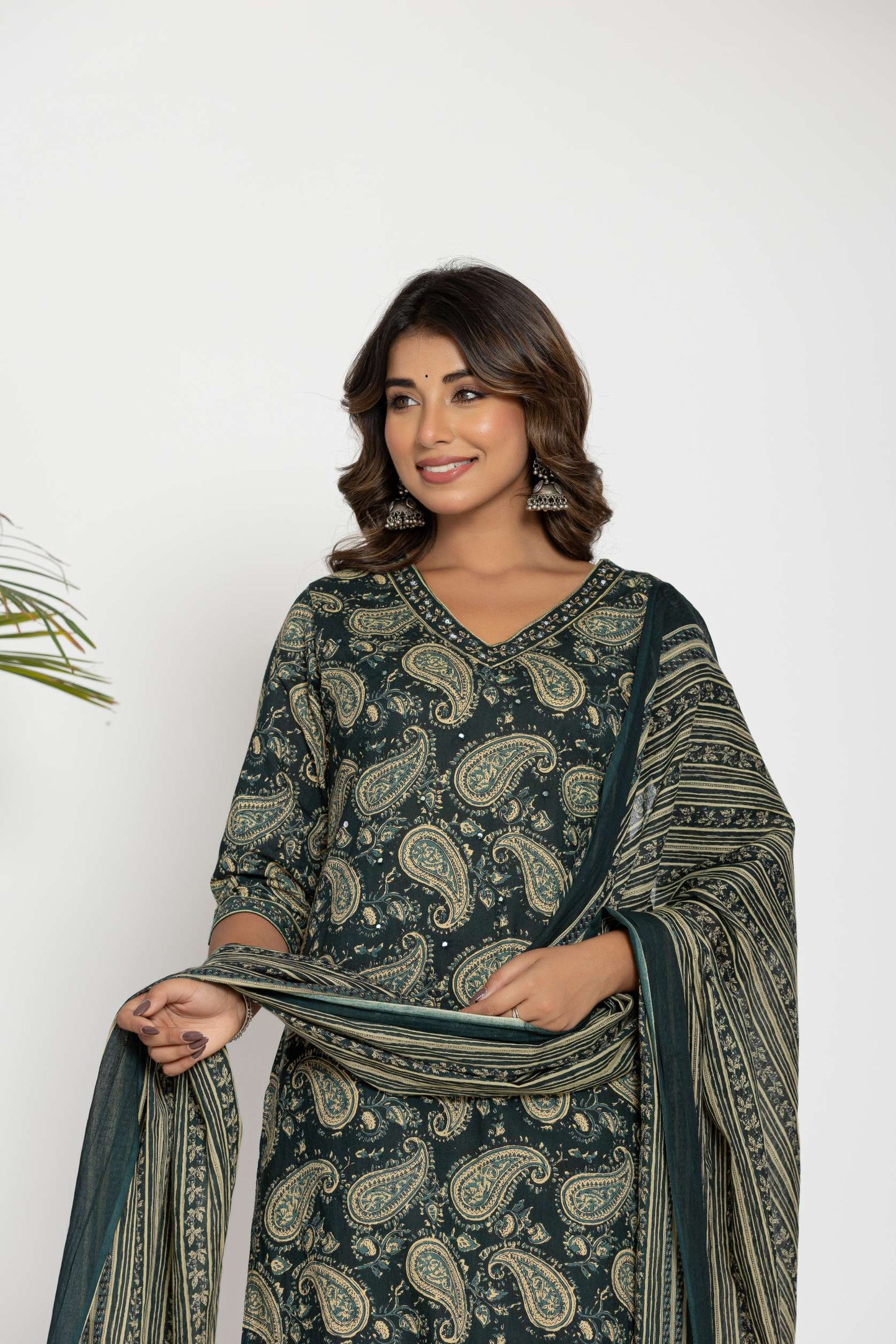 Green Paisley Printed Cotton Suit Set with Dupatta