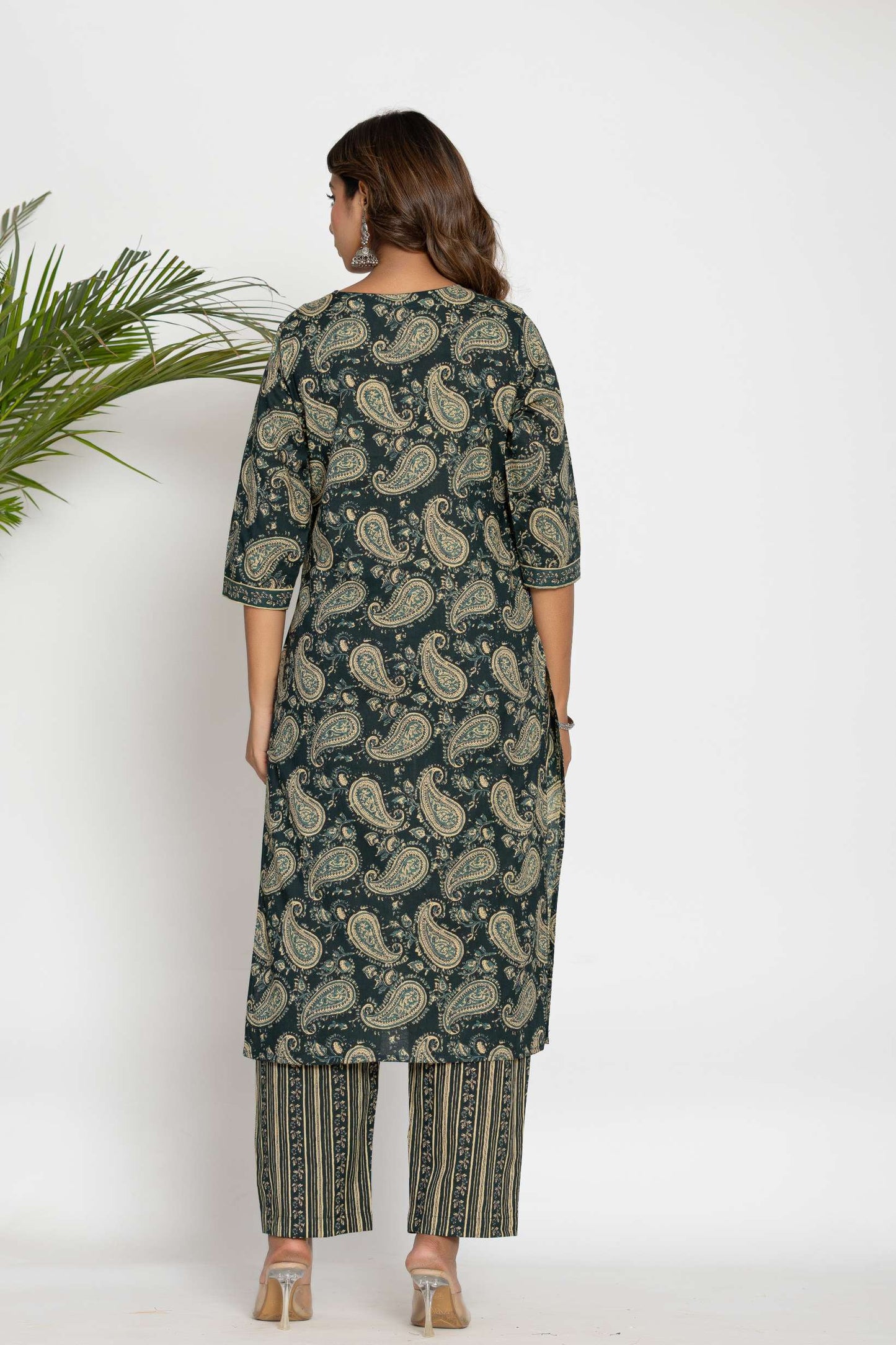 Green Paisley Printed Cotton Suit Set with Dupatta