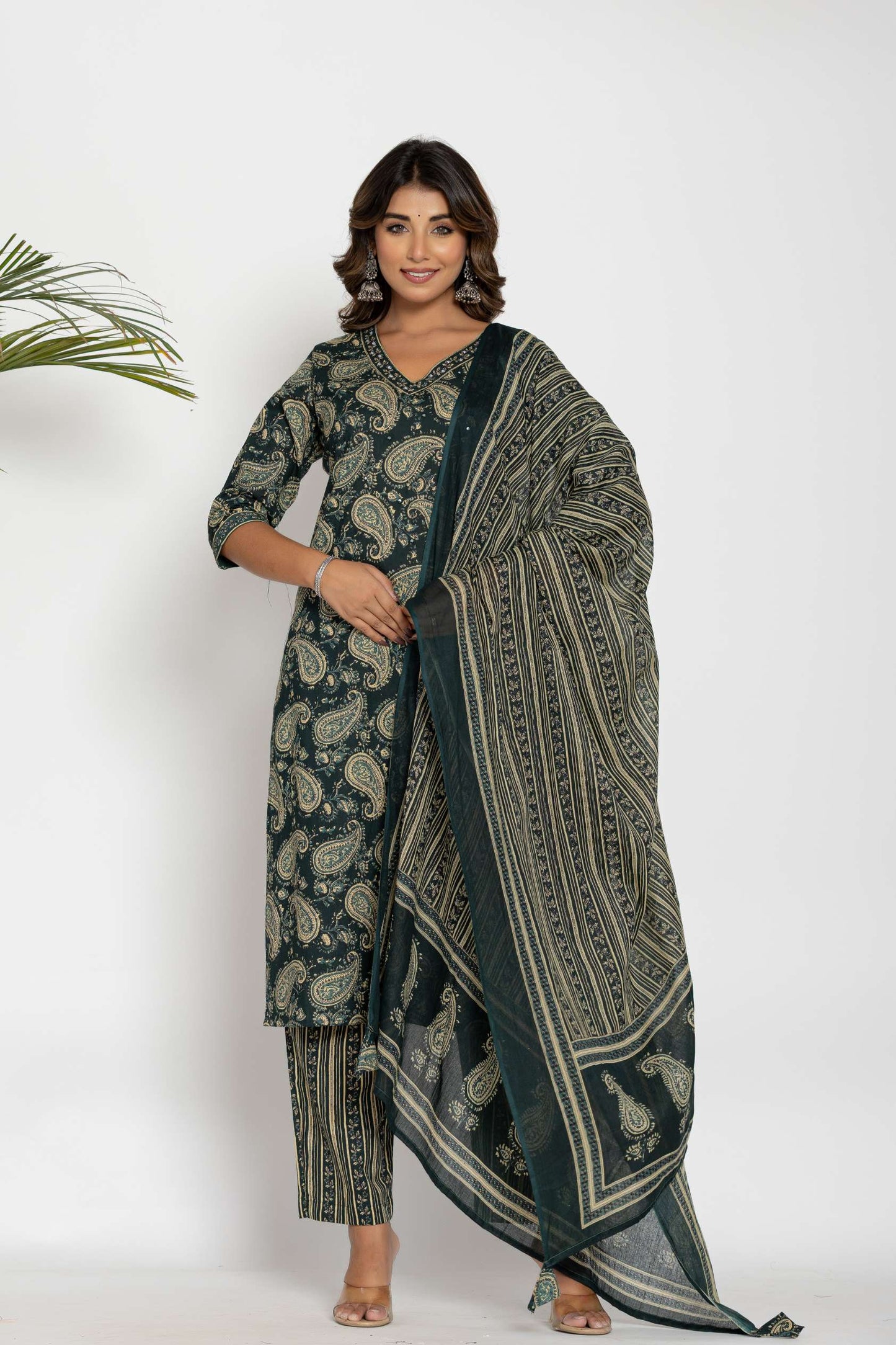 Green Paisley Printed Cotton Suit Set with Dupatta
