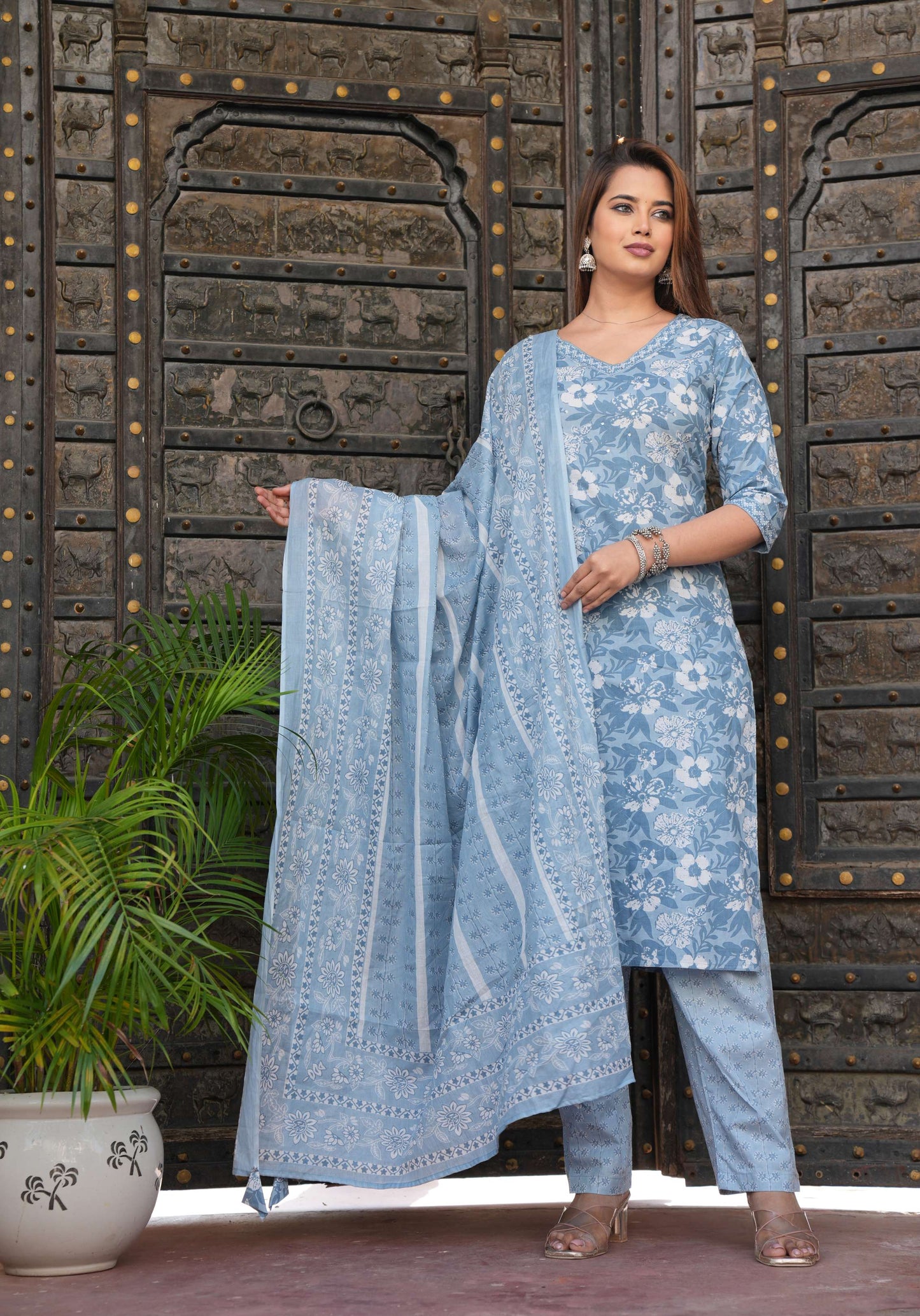 Elegant Sky Blue Printed Cotton Suit Set with Dupatta