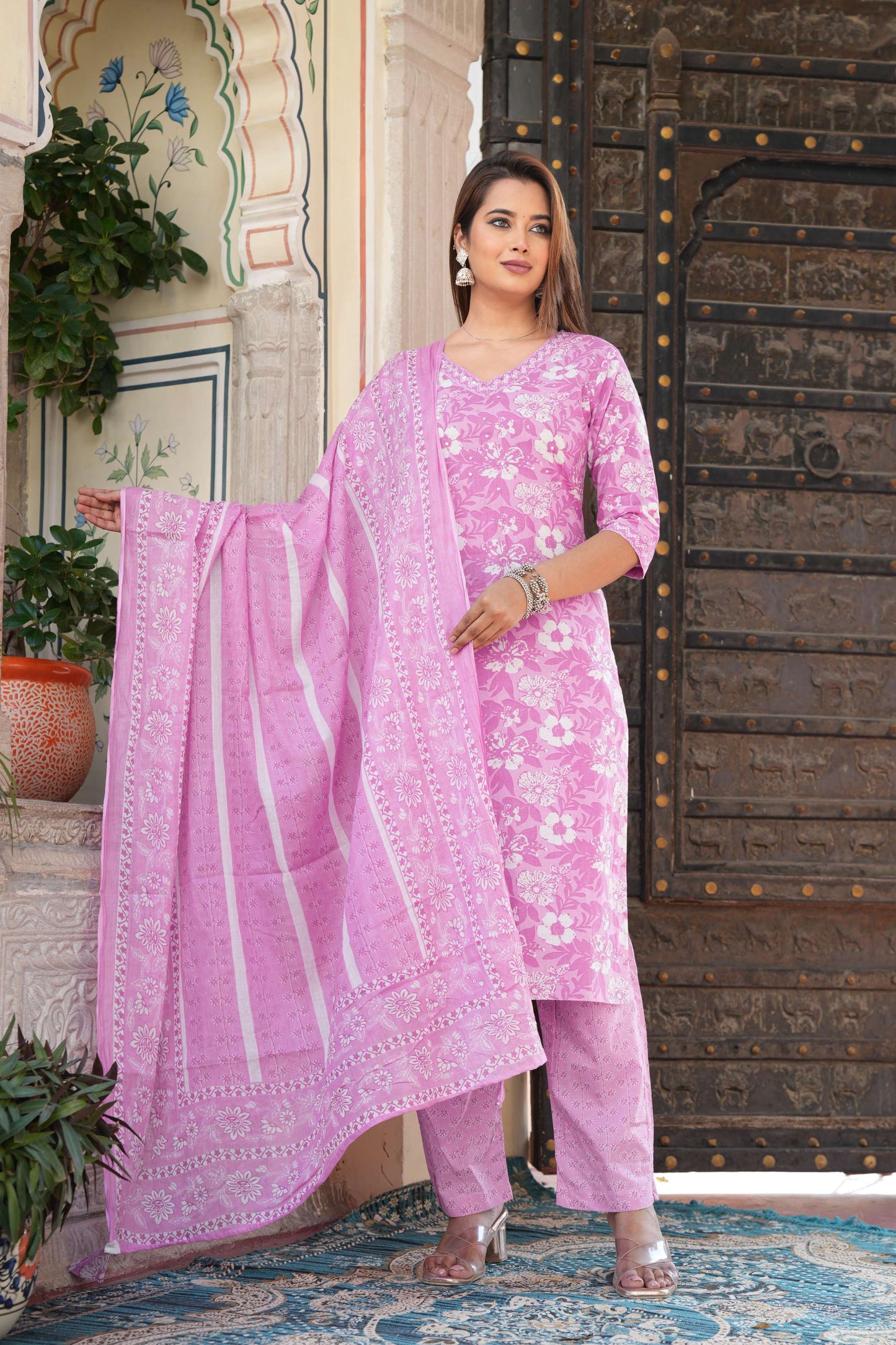 Elegant Purple Printed Cotton Suit Set with Dupatta
