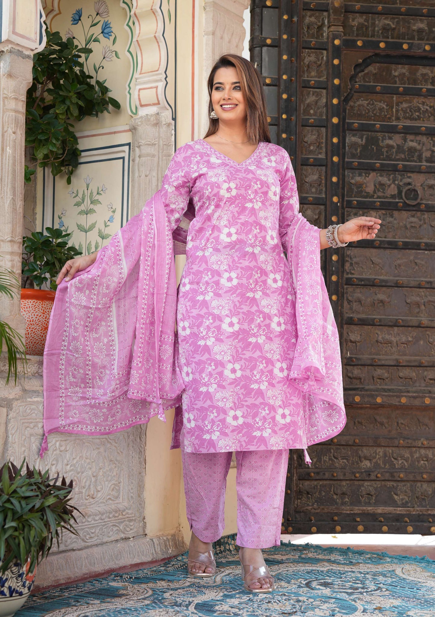 Elegant Purple Printed Cotton Suit Set with Dupatta