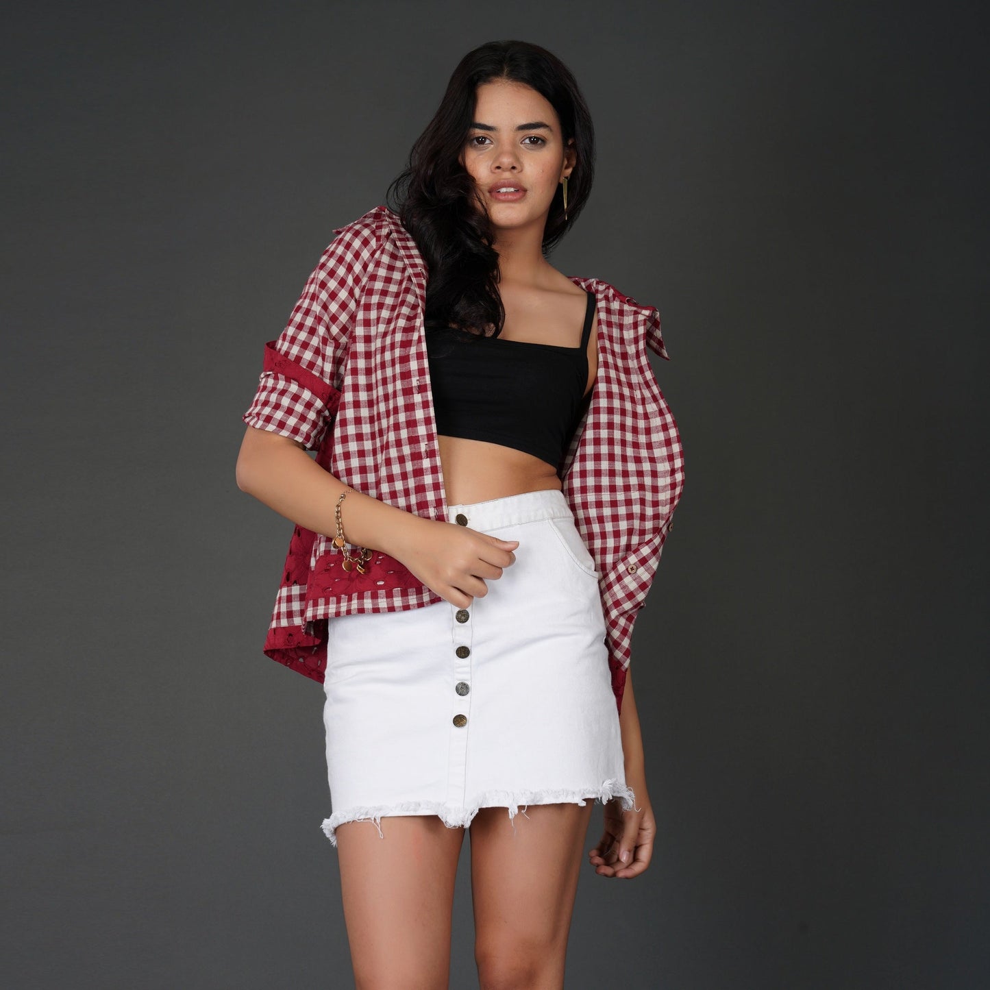 Red Cotton Check Shirt with Schiffli Embroidery and Hood