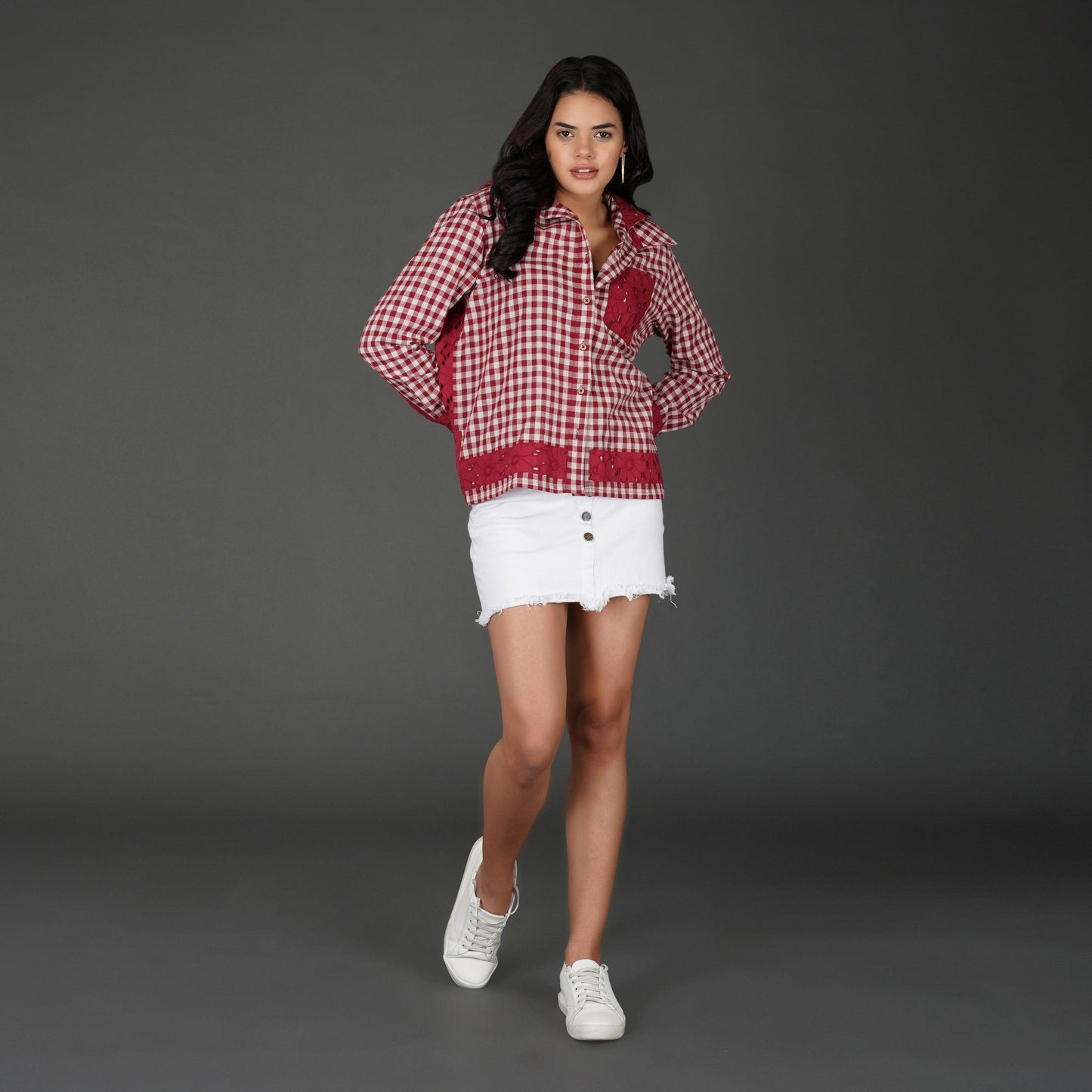 Red Cotton Check Shirt with Schiffli Embroidery and Hood