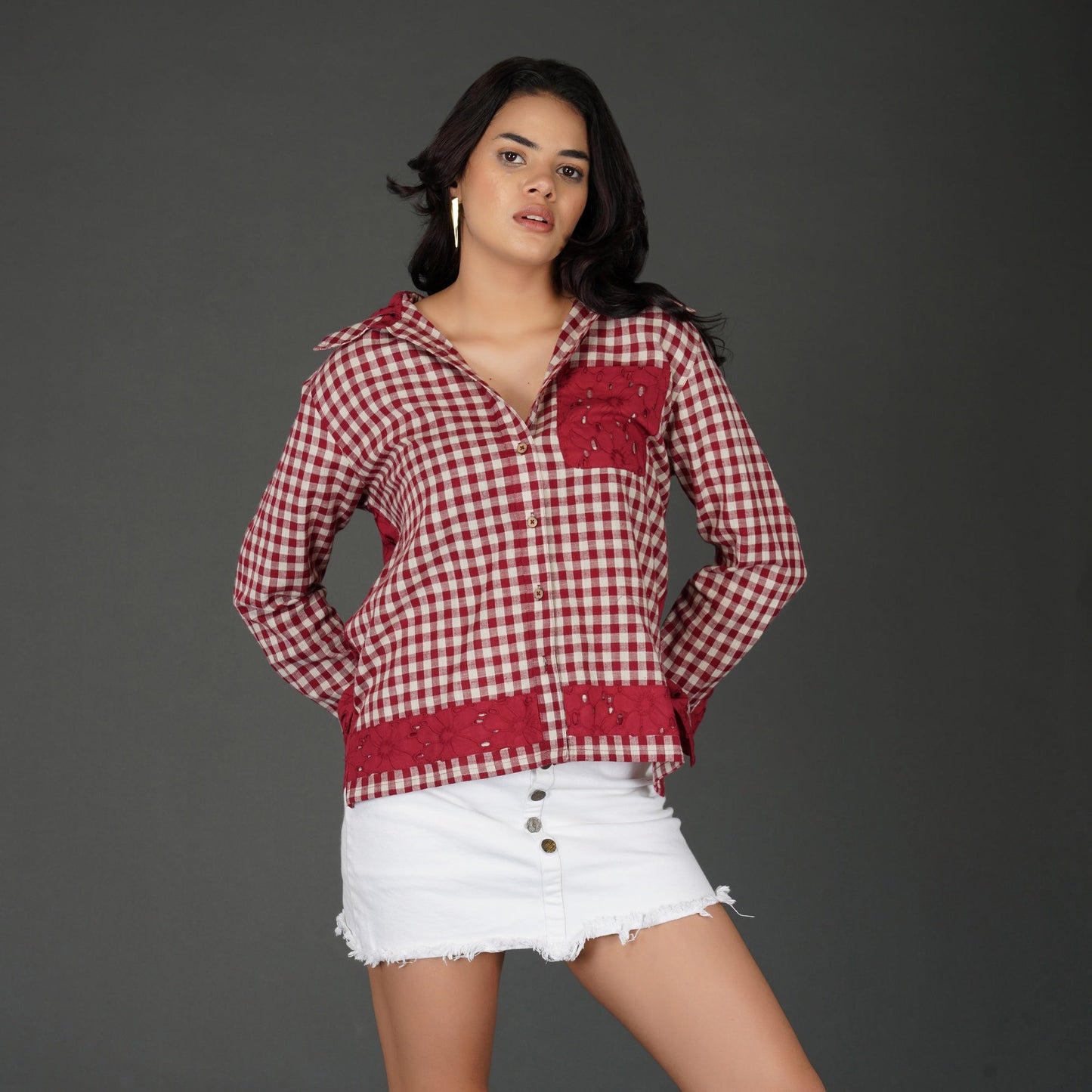 Red Cotton Check Shirt with Schiffli Embroidery and Hood