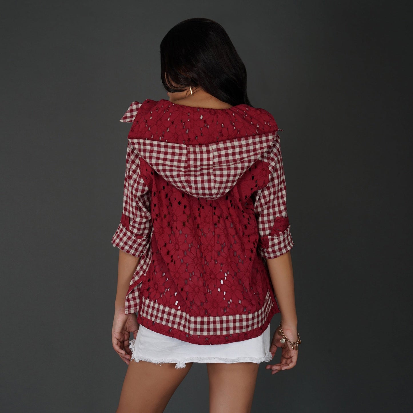 Red Cotton Check Shirt with Schiffli Embroidery and Hood