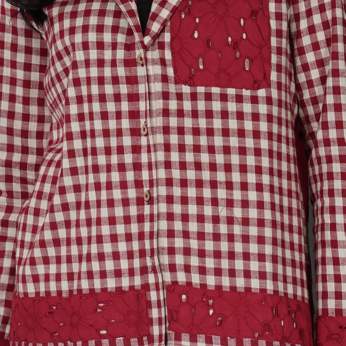 Red Cotton Check Shirt with Schiffli Embroidery and Hood