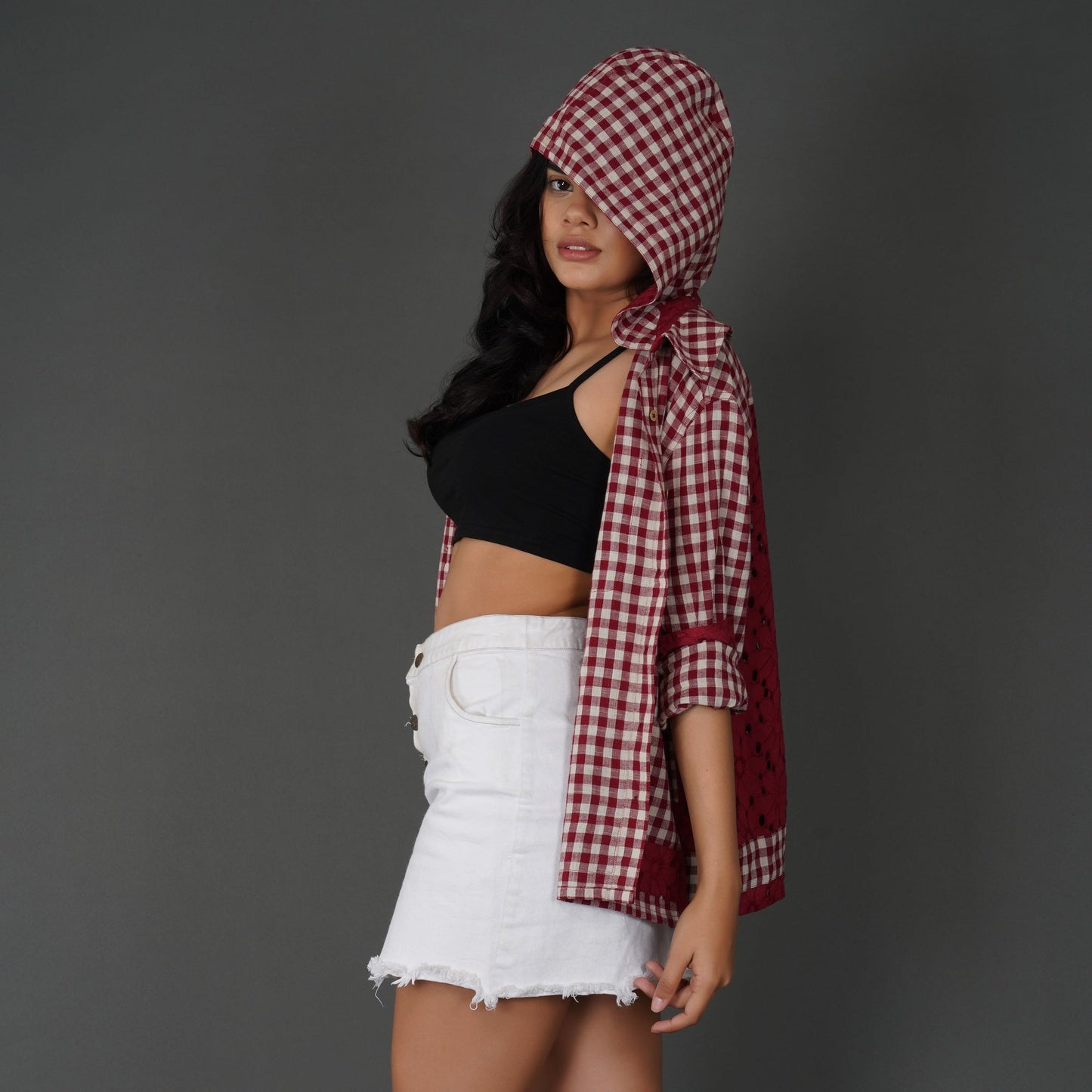 Red Cotton Check Shirt with Schiffli Embroidery and Hood