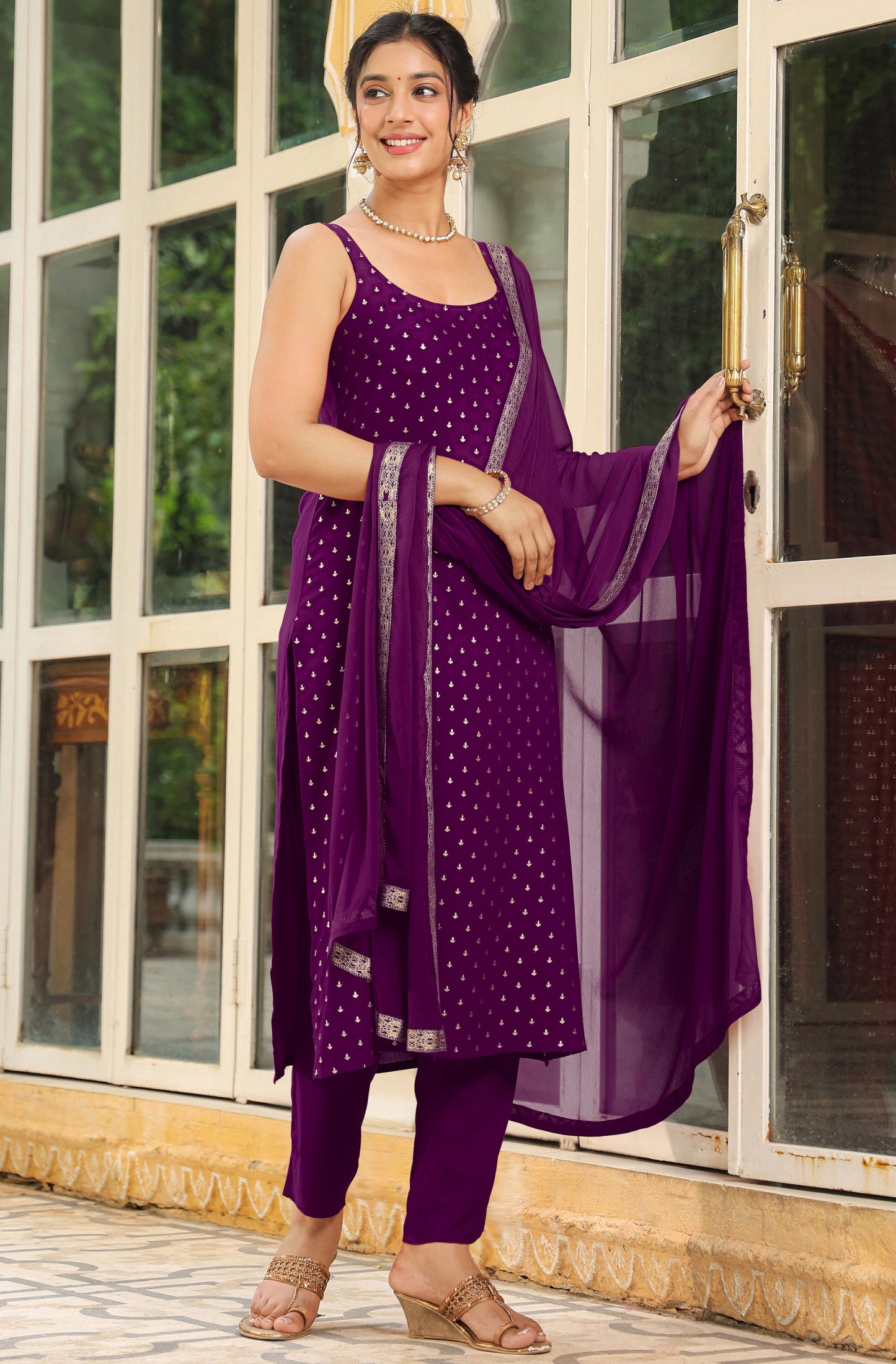 Plum Purple Embellished Straight Suit Set with Dupatta – 3 Piece Kurti