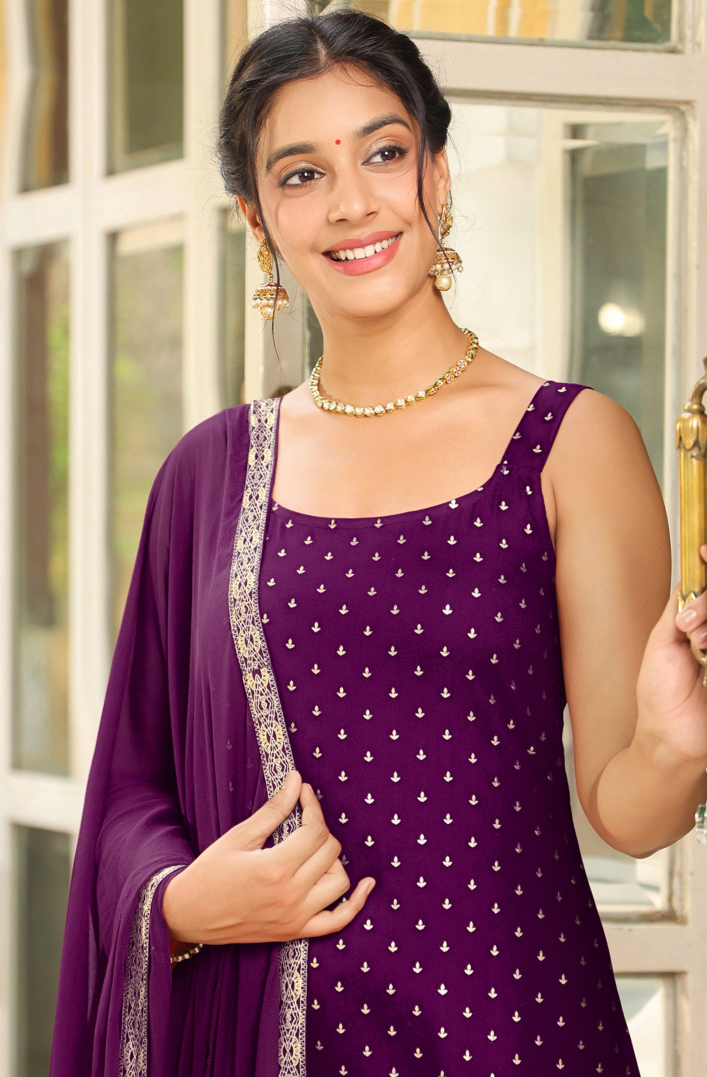 Plum Purple Embellished Straight Suit Set with Dupatta – 3 Piece Kurti
