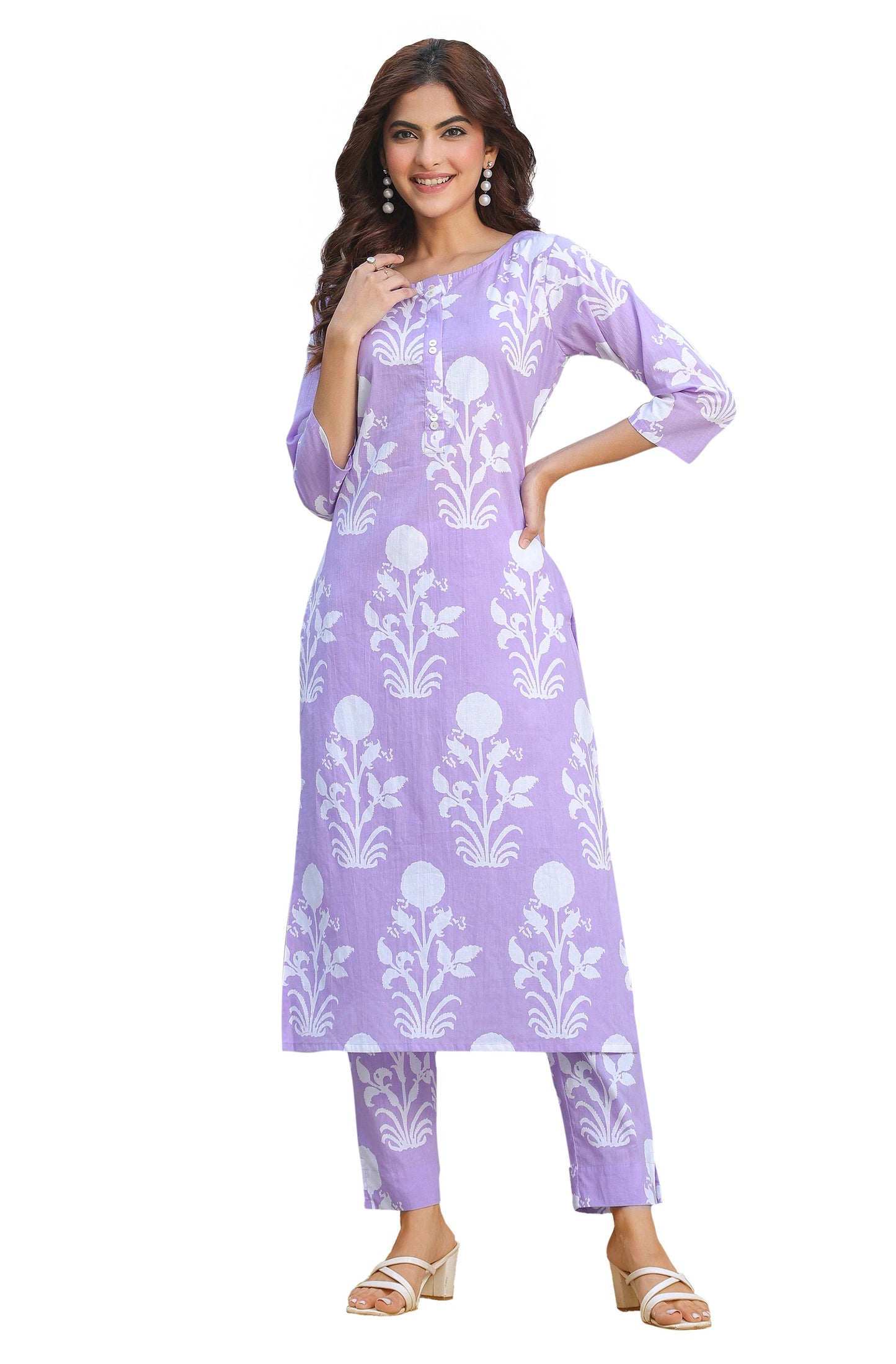 Lavender & White Floral Print Cotton Kurta Set for Women – 2 Piece Cotton Ethnic Wear